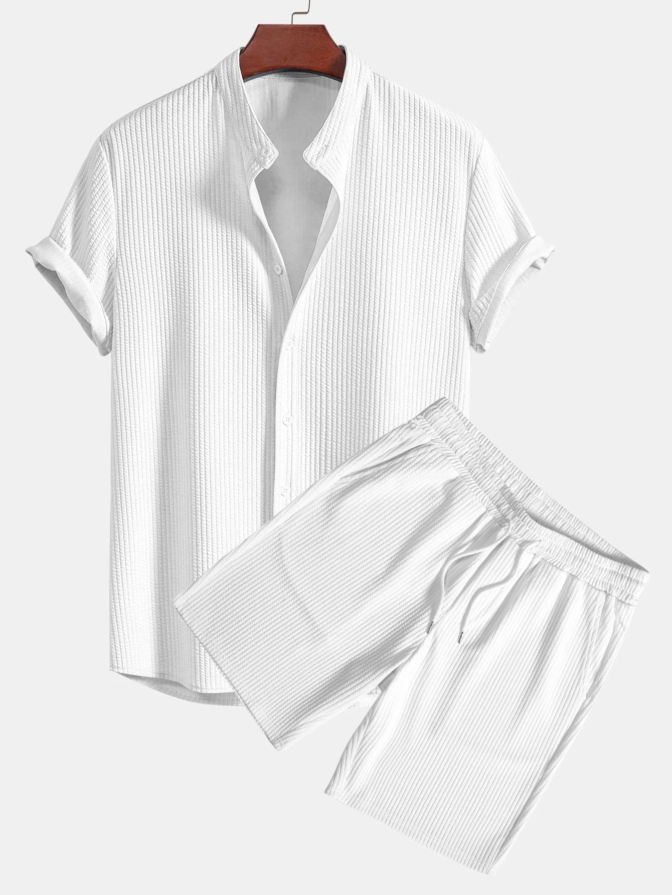 Adalgiso® | Muscle Fit Ribbed Stand Collar Shirt & Shorts - Image 4