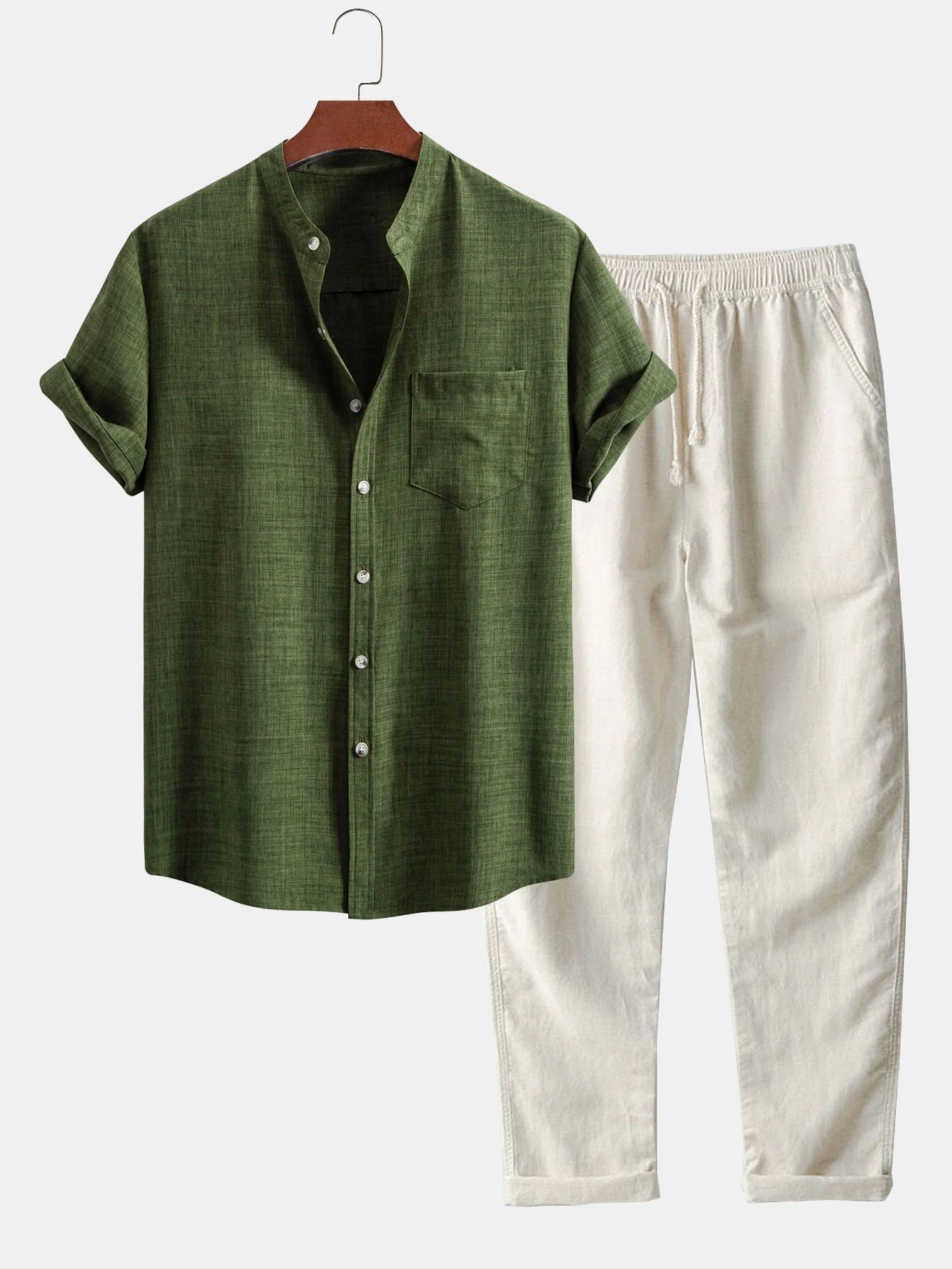 Adham® | Short Sleeve Stand Collar Shirt & Straight Leg Linen Pants - Image 2