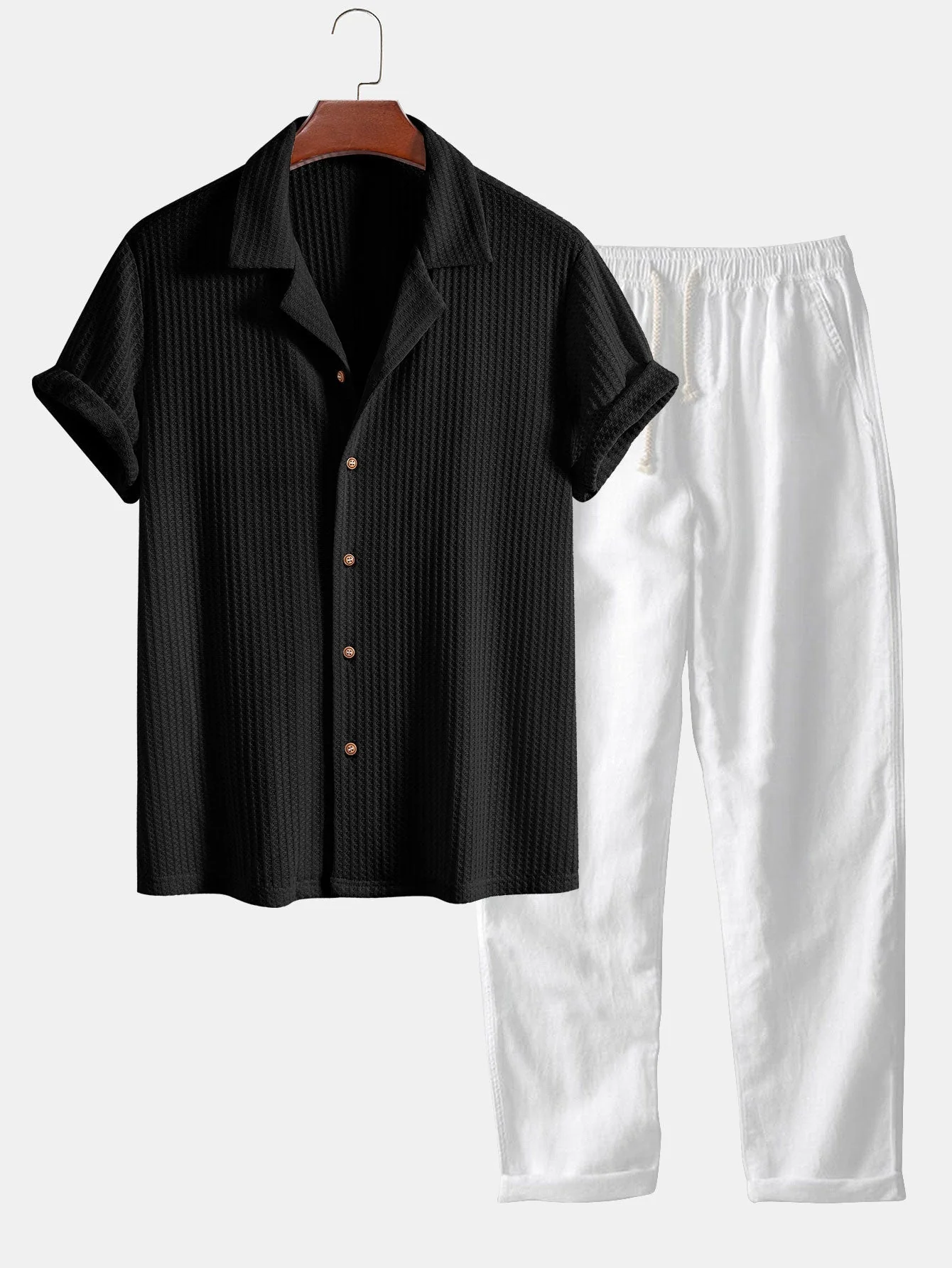 Adlai® | Short Sleeve Knitted Waffle Cuban Shirt & Straight Leg Linen Pants - Image 4