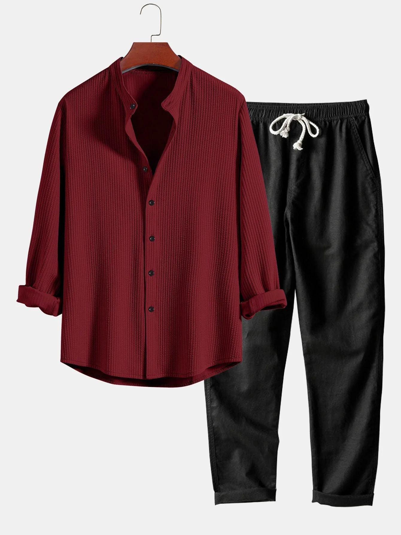 Adlar® | Long Sleeve Muscle Fit Ribbed Stand Collar Shirt & Straight Leg Linen Pants - Image 4