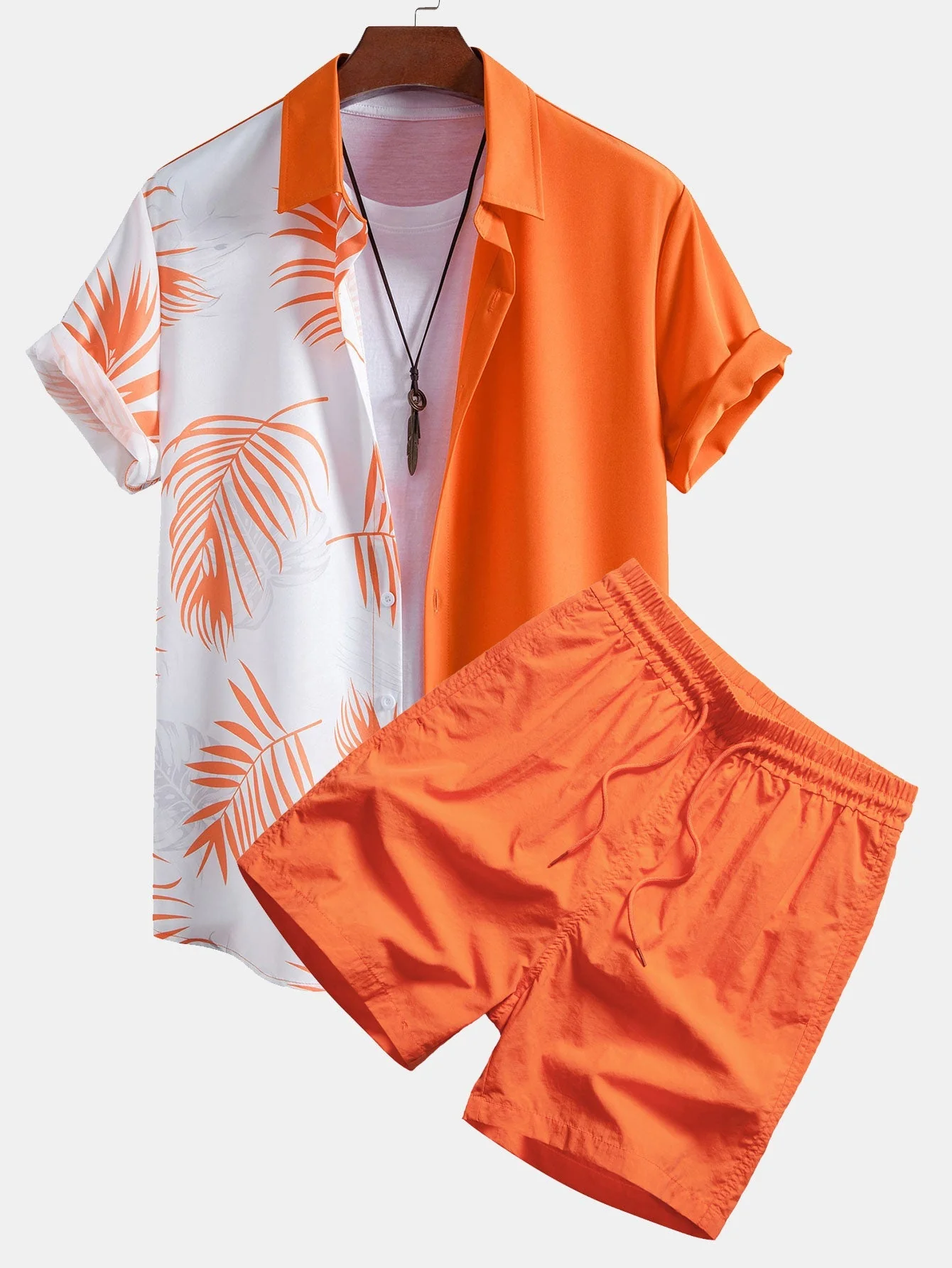 Adolphus® | Leaf Print Patchwork Button Up Shirt & Man Mid Length Drawstring Swim Shorts - Image 2