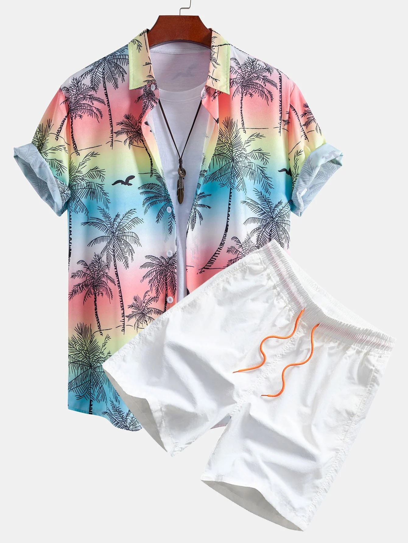 Agamenon® | Palm Tree Seagull Print Button Up Shirt & Man Mid Length Drawstring Swim Shorts - Image 3