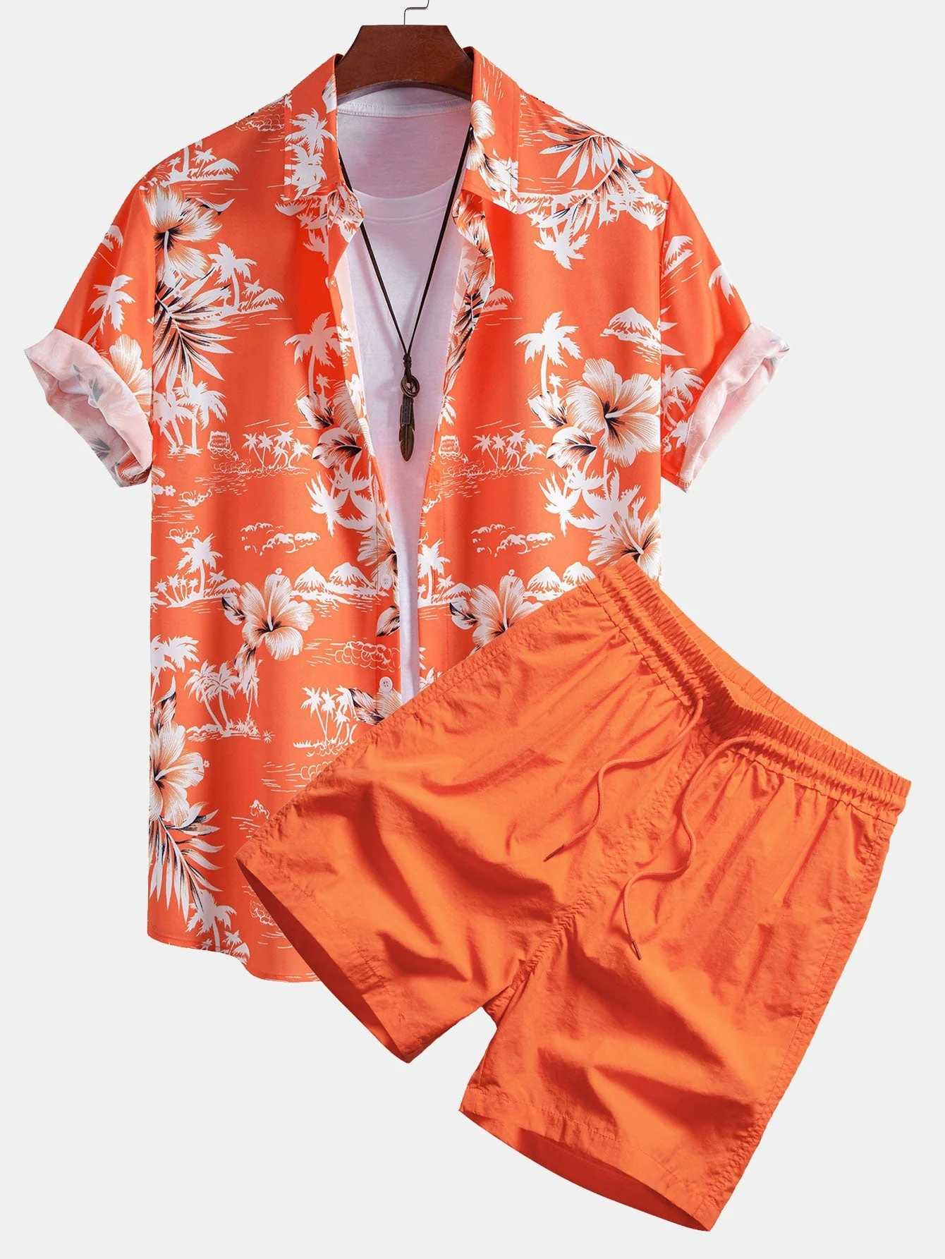 Agaton® | Palm Tree Tropical Flora Print Button Up Shirt & Man Mid Length Drawstring Swim Shorts - Image 2