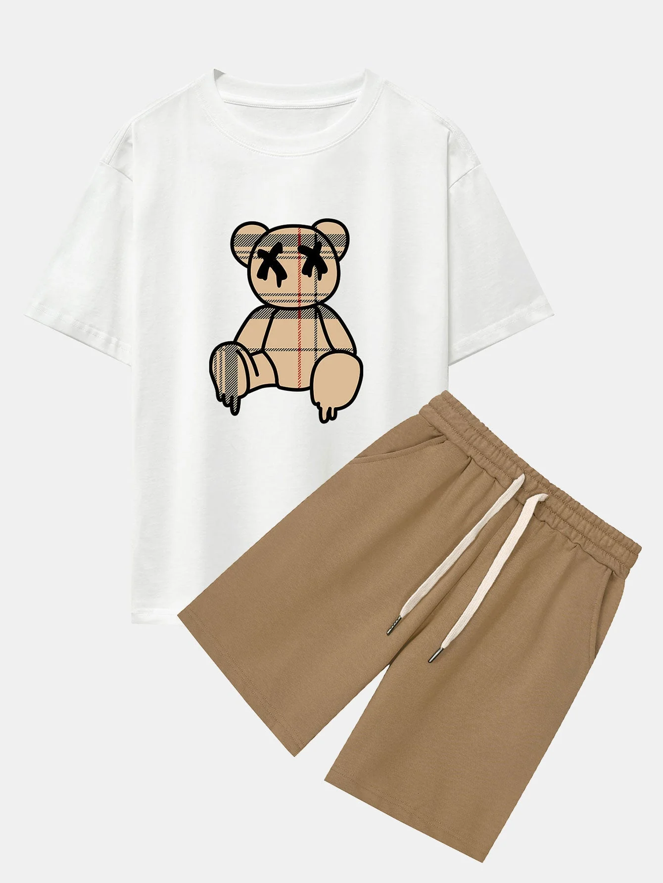 Agilbert® | Plaid Pattern Dissolving Bear Print Oversize T-Shirt & Shorts