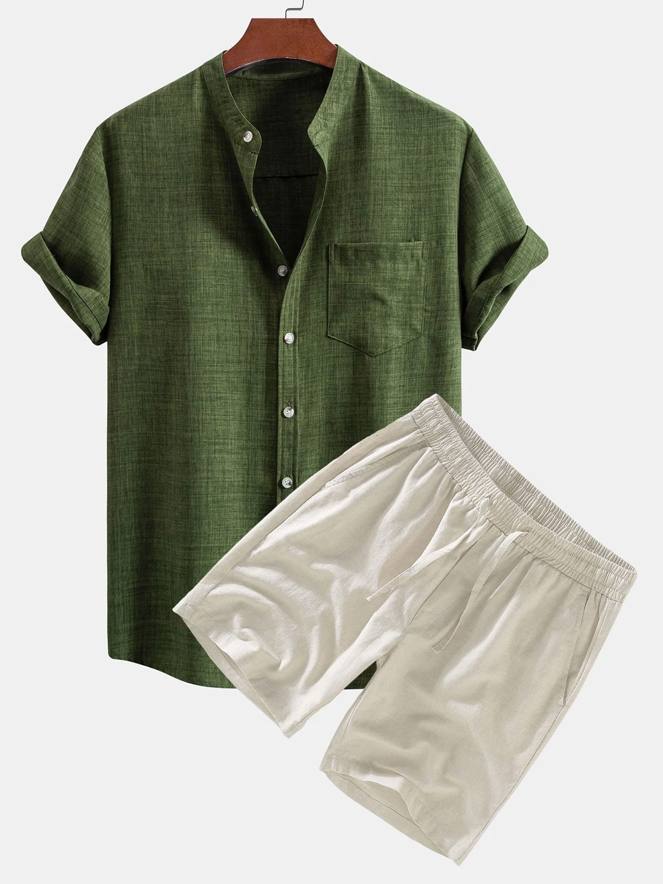 Agustin® | Short Sleeve Stand Collar Shirt & Linen Drawstring Shorts - Image 2