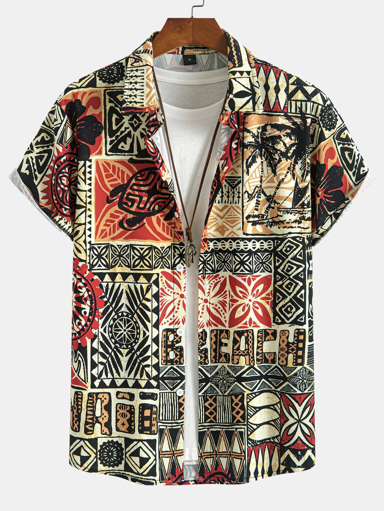 Alwin® | Palm Tree Turtle Ethnic Geometry Print Button Up Shirt
