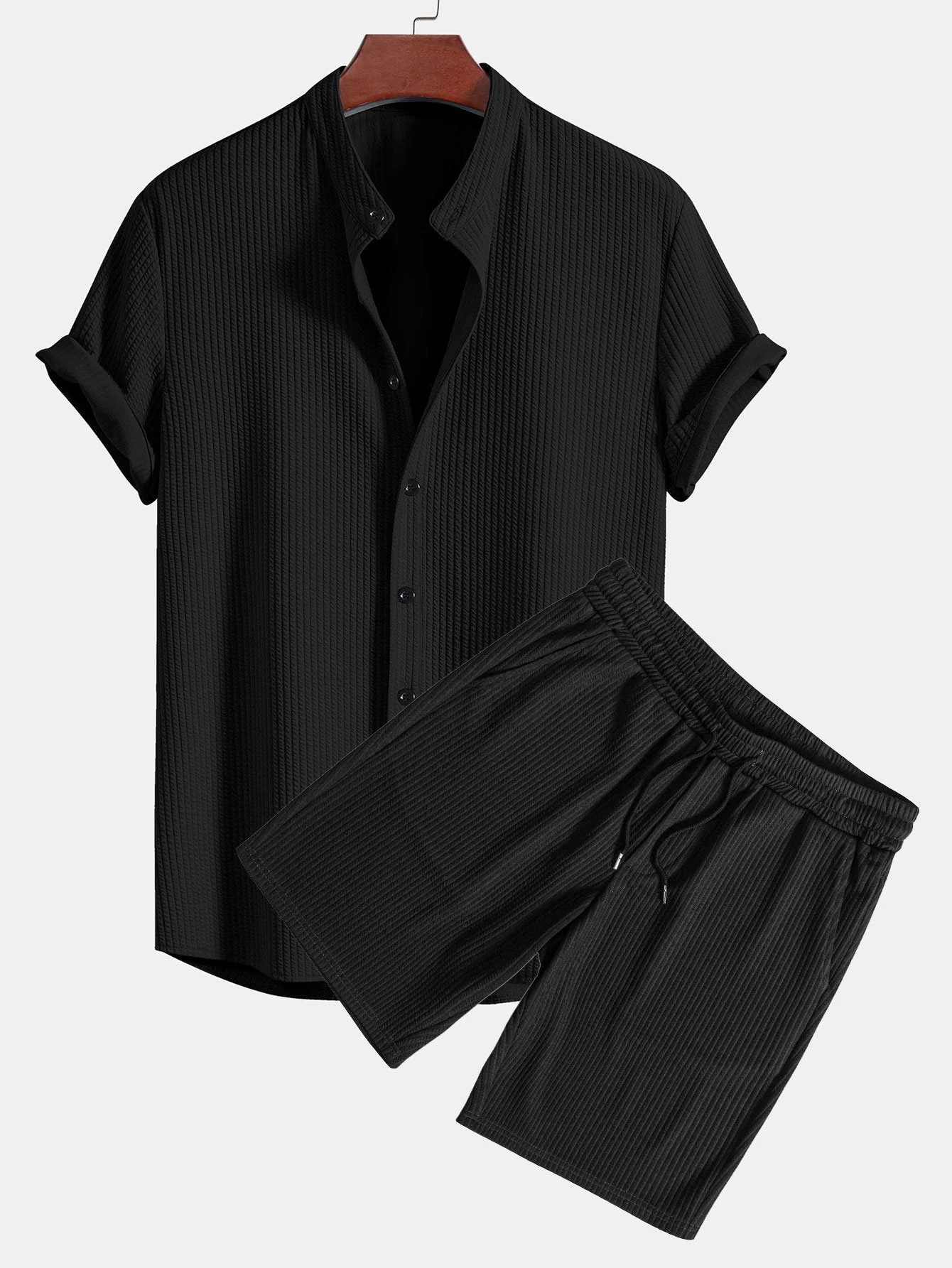 Amós® | Muscle Fit Ribbed Stand Collar Shirt & Shorts - Image 3