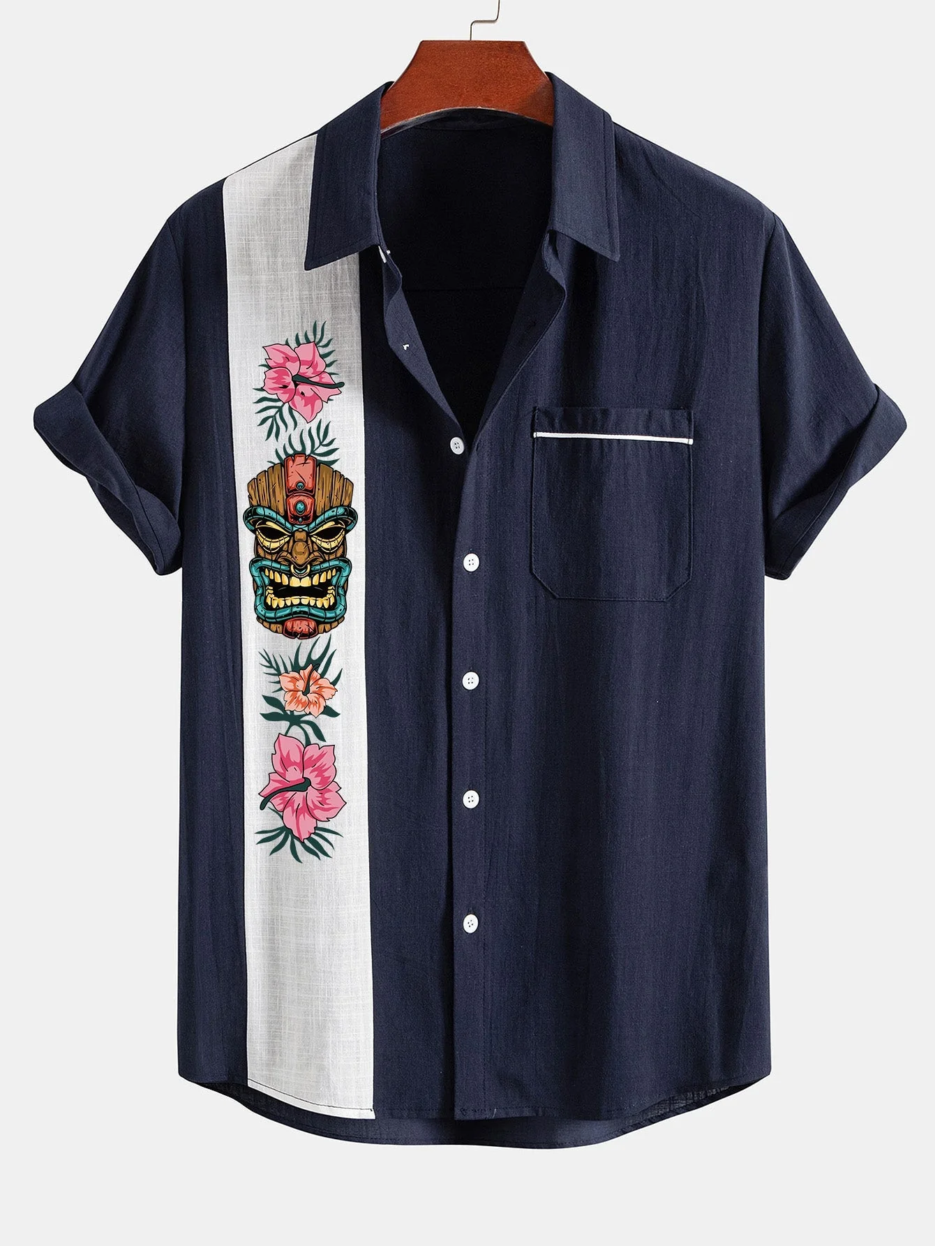 Arnuadt® | Tiki Tribe Hawaii Print Linen Look Contrast Button Up Shirt - Image 3