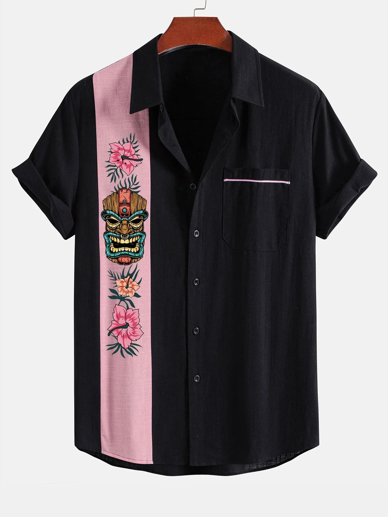 Arnuadt® | Tiki Tribe Hawaii Print Linen Look Contrast Button Up Shirt - Image 6
