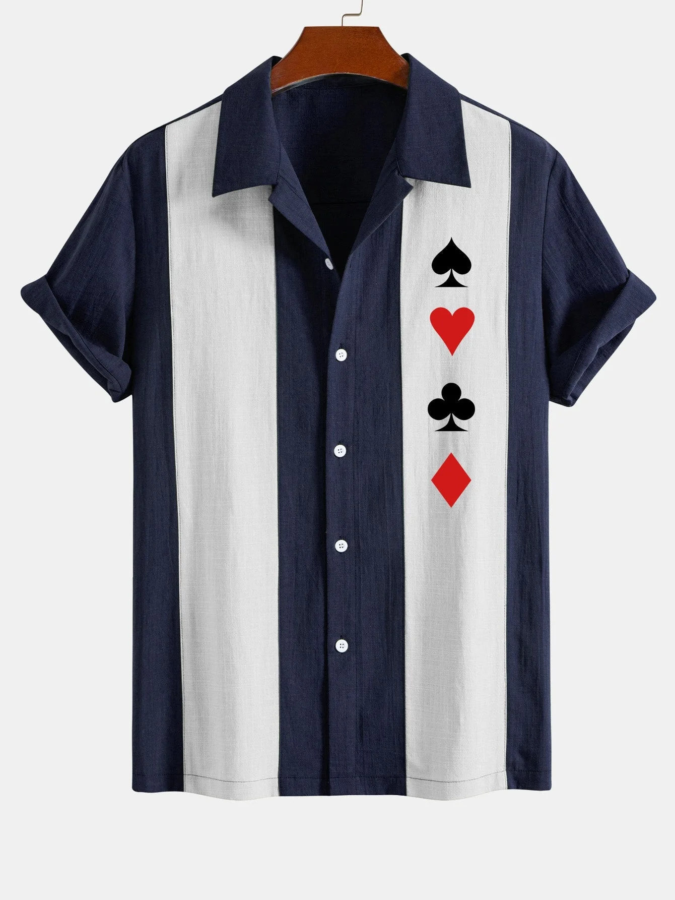 Astin® | Poker Print Linen Look Patchwork Bowling Shirt - Image 3