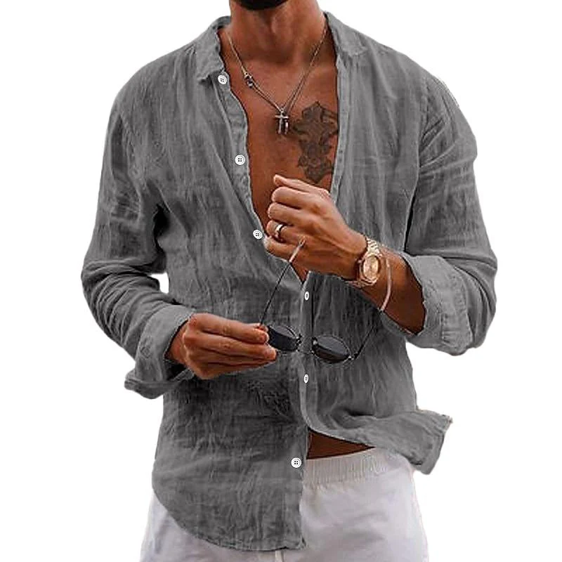 Barthel® | Men's Casual Solid Color Lapel Cotton Linen Long-Sleeved Shirt 76098441M