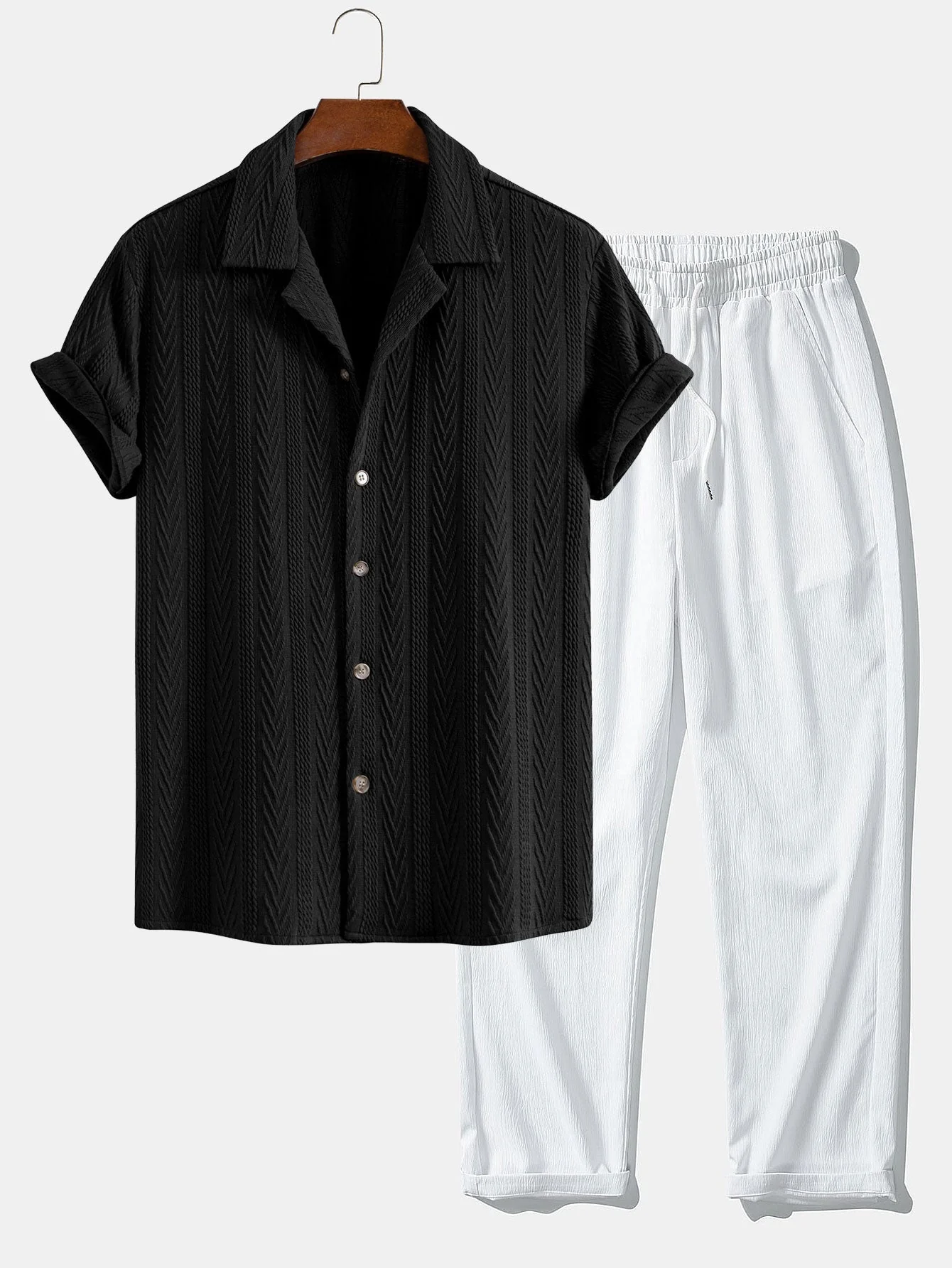 Benito® | Texture Jacquard Cuban Shirt & Wrinkle Textured Straight Leg Pants - Image 4