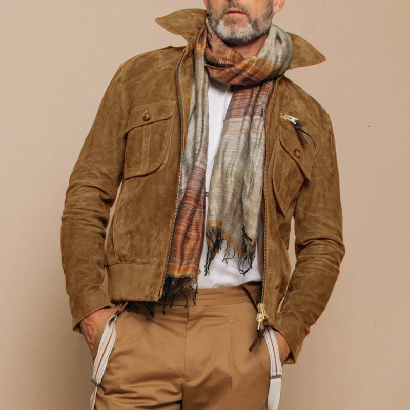 Besart® | Men's Retro Lapel Zipper Breast Pocket Suede Jacket 01953047Z - Image 6