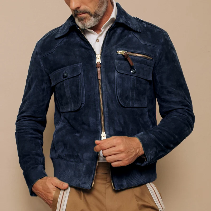 Besart® | Men's Retro Lapel Zipper Breast Pocket Suede Jacket 01953047Z - Image 7