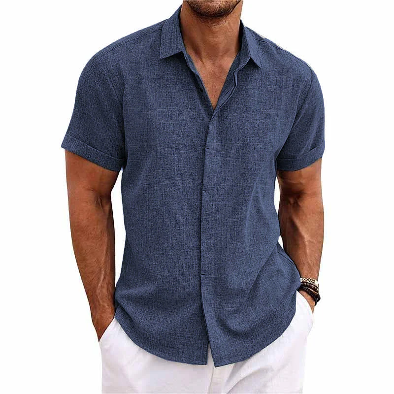 Bess® | Men's Solid Color Lapel Cotton Linen Short Sleeve Shirt 82339241X - Image 2