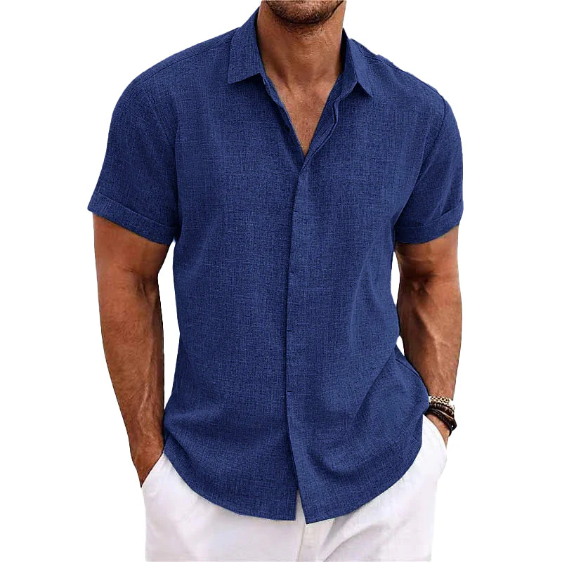 Bess® | Men's Solid Color Lapel Cotton Linen Short Sleeve Shirt 82339241X - Image 4