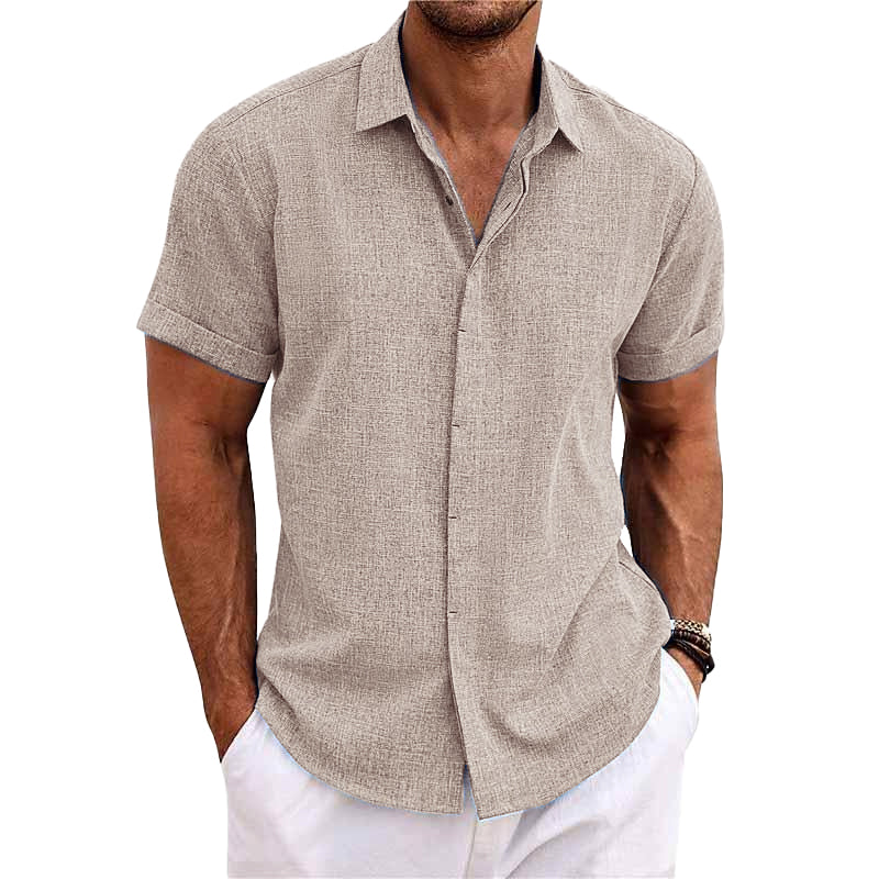 Bess® | Men's Solid Color Lapel Cotton Linen Short Sleeve Shirt 82339241X - Image 5