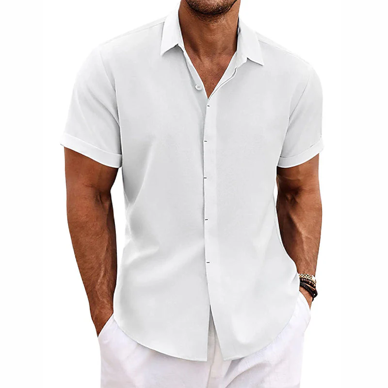 Bess® | Men's Solid Color Lapel Cotton Linen Short Sleeve Shirt 82339241X - Image 7