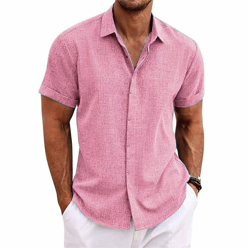 Bess® | Men's Solid Color Lapel Cotton Linen Short Sleeve Shirt 82339241X - Image 8