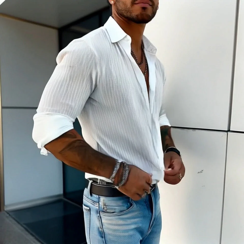 Best® | Men's Solid Color Striped Lapel Long Sleeve Shirt 94598700Z - Image 11