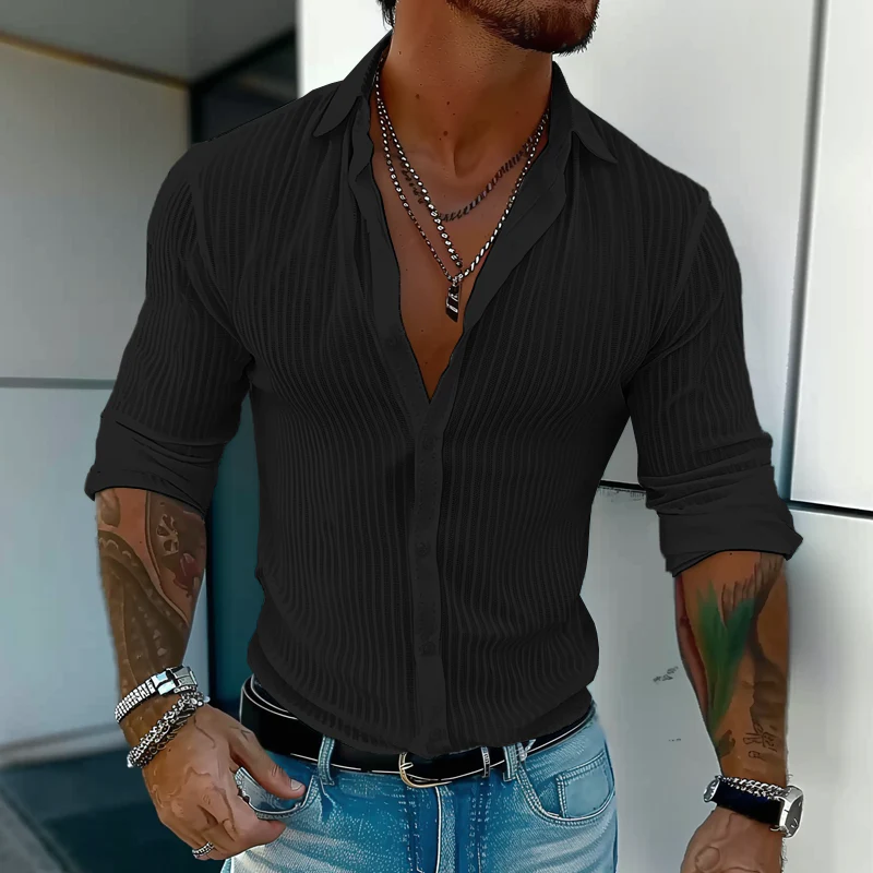 Best® | Men's Solid Color Striped Lapel Long Sleeve Shirt 94598700Z - Image 3