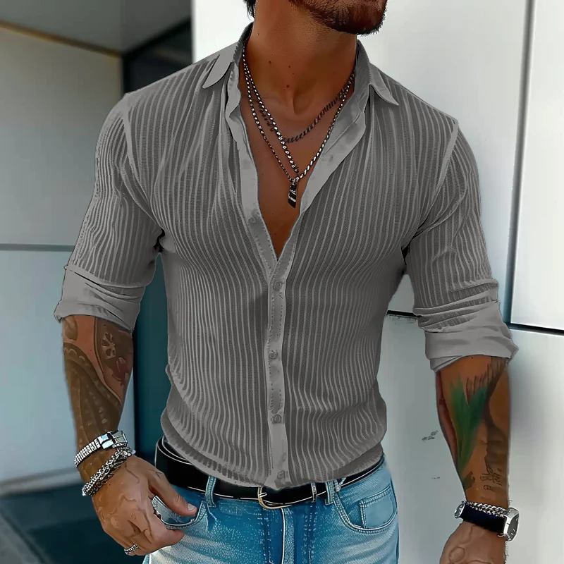 Best® | Men's Solid Color Striped Lapel Long Sleeve Shirt 94598700Z - Image 5