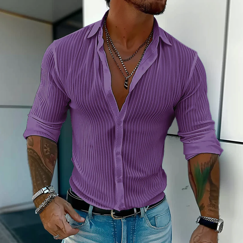 Best® | Men's Solid Color Striped Lapel Long Sleeve Shirt 94598700Z - Image 9
