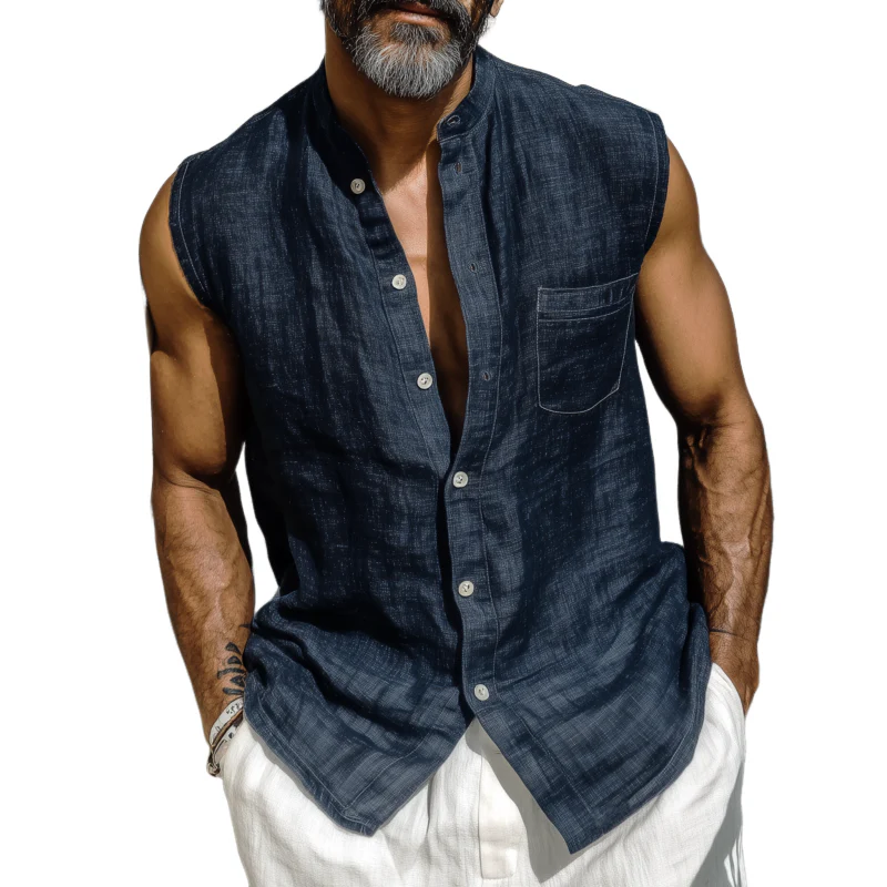 Brandon | Men'S Casual Solid Color Breathable Cotton Linen Stand-Up Collar Patch Pocket Slim Sleeveless Shirt