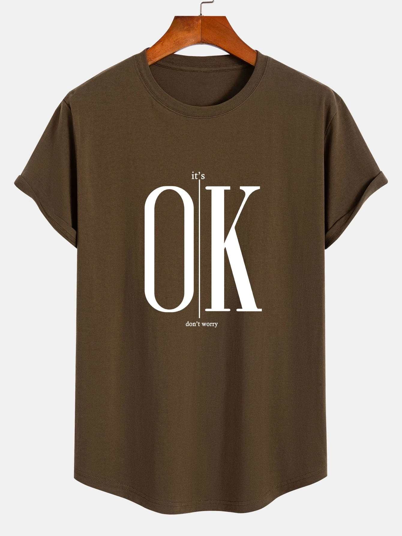 Brett® | Ok Slogan Print Cotton Arc Hem T-Shirt - Image 4