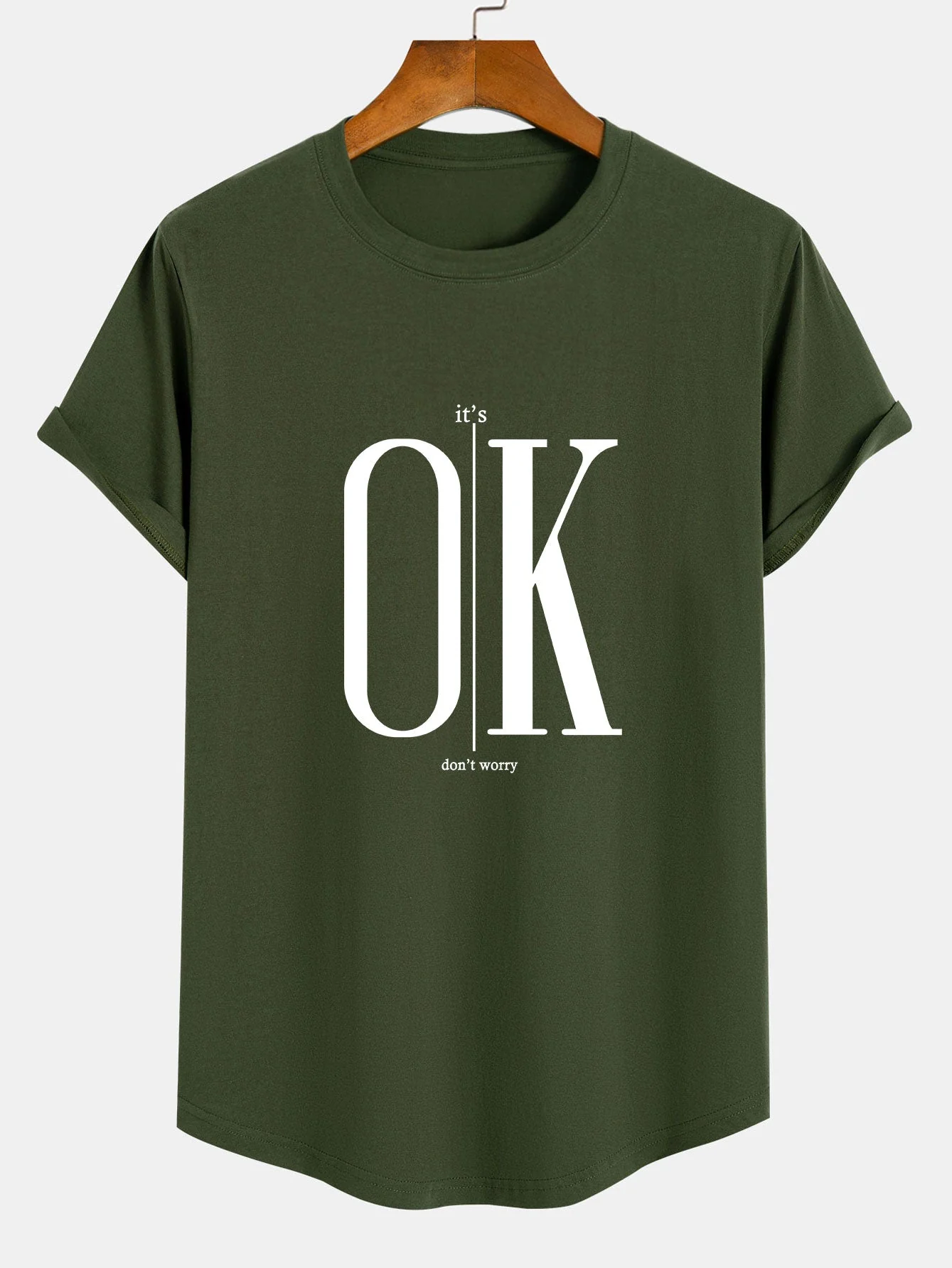 Brett® | Ok Slogan Print Cotton Arc Hem T-Shirt - Image 5