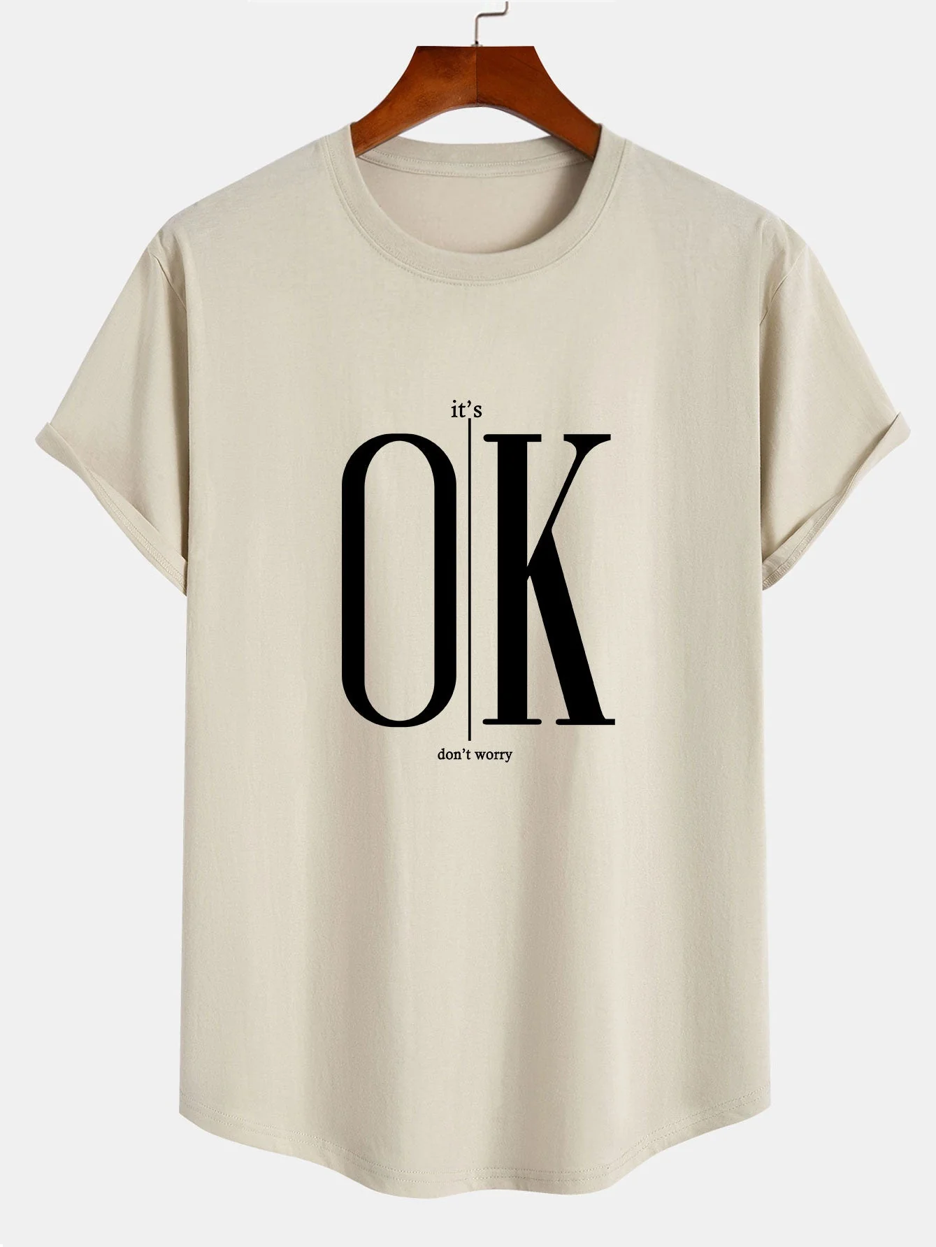 Brett® | Ok Slogan Print Cotton Arc Hem T-Shirt - Image 6