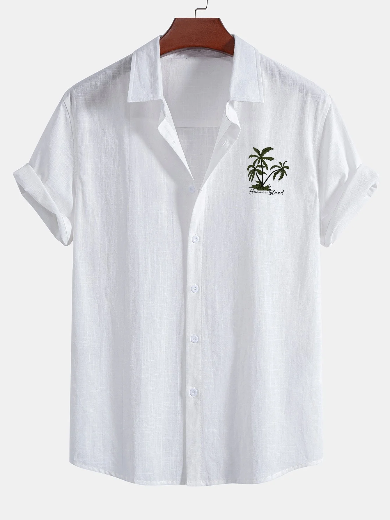 Clemente® | Hawaii Palm Tree Print Linen Look Cotton Button Up Shirt & Linen Cotton Blend Striped Shorts - Image 2