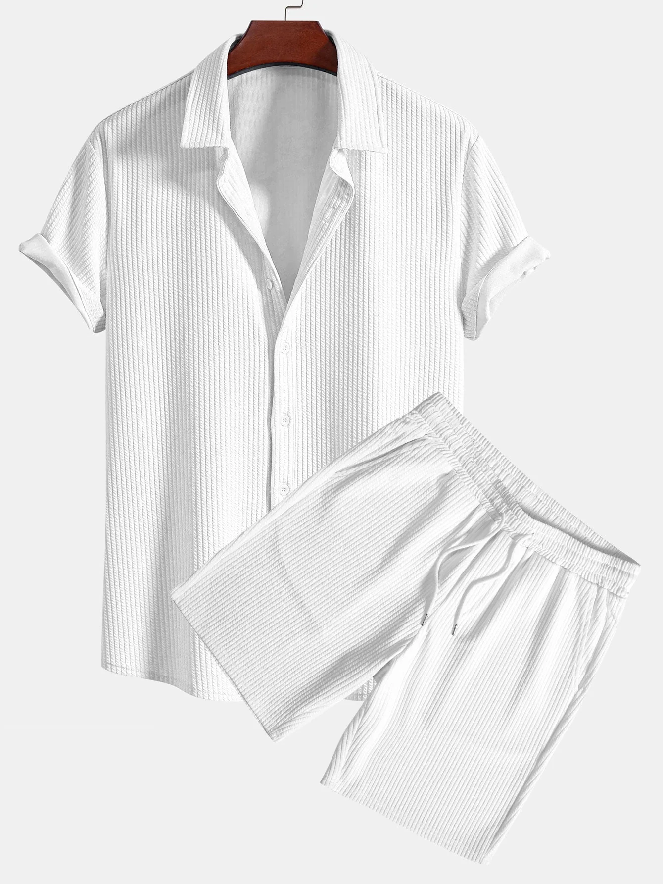 David® | Muscle Fit Ribbed Button Up Shirt & Shorts - Image 5