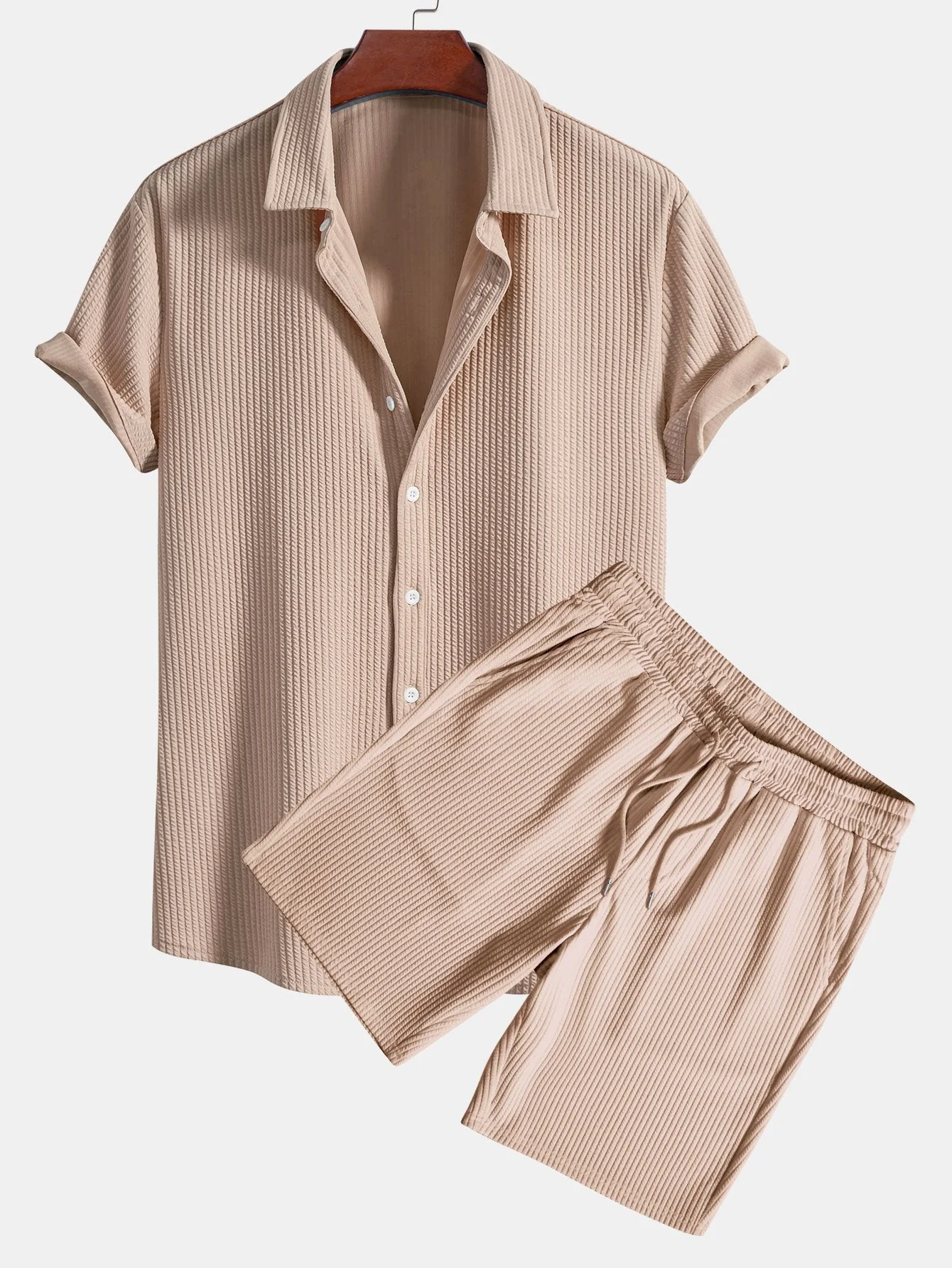 David® | Muscle Fit Ribbed Button Up Shirt & Shorts - Image 6