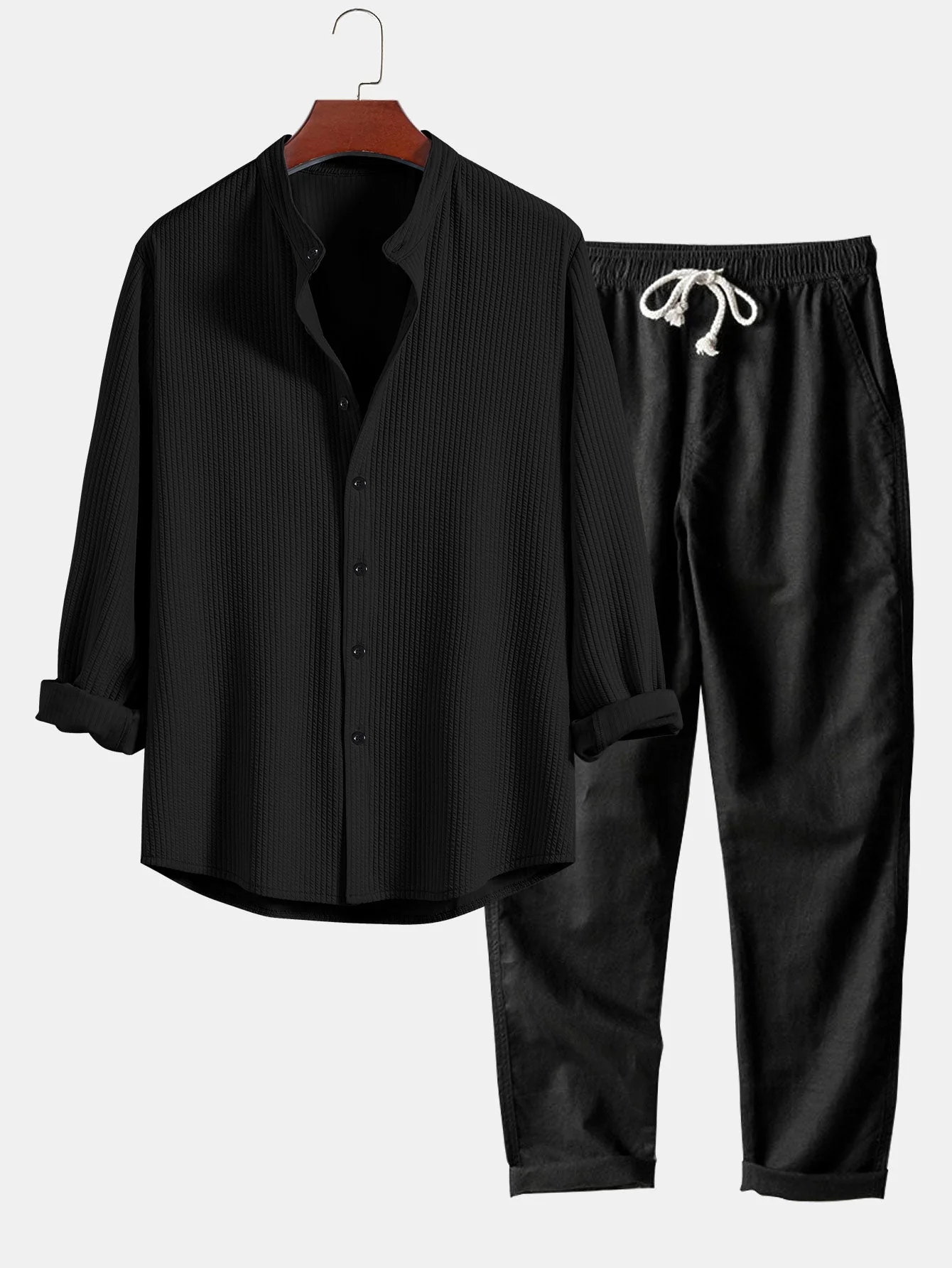 Donny® | Muscle Fit Ribbed Long Sleeved Shirt With Mandarin Collar & Straight Leg Linen Trousers - Image 2