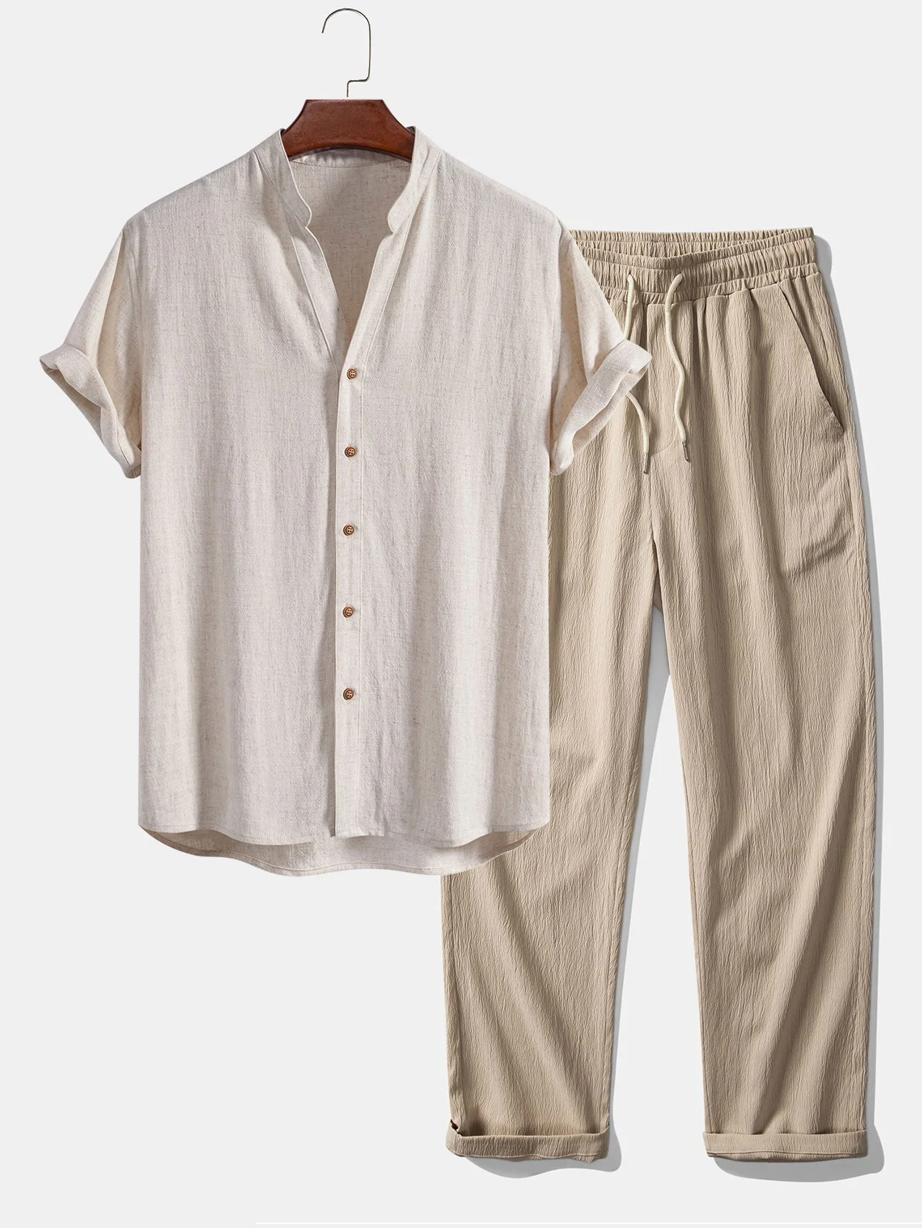 Doroteo® | Short Sleeve V Neck Linen Rayon Blend Shirt & Wrinkle Textured Straight Leg Pants - Image 3