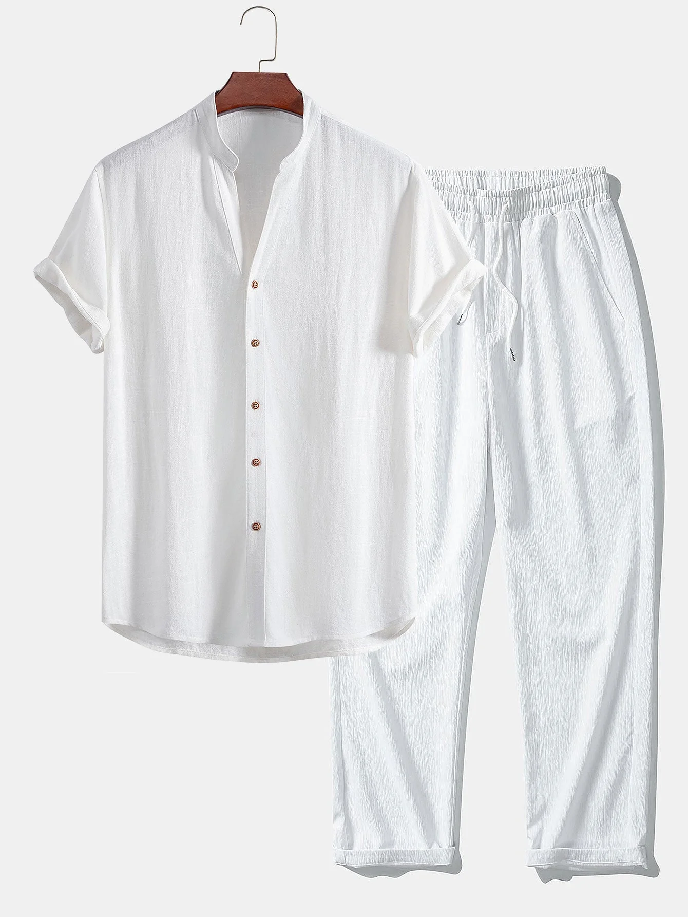Doroteo® | Short Sleeve V Neck Linen Rayon Blend Shirt & Wrinkle Textured Straight Leg Pants - Image 4