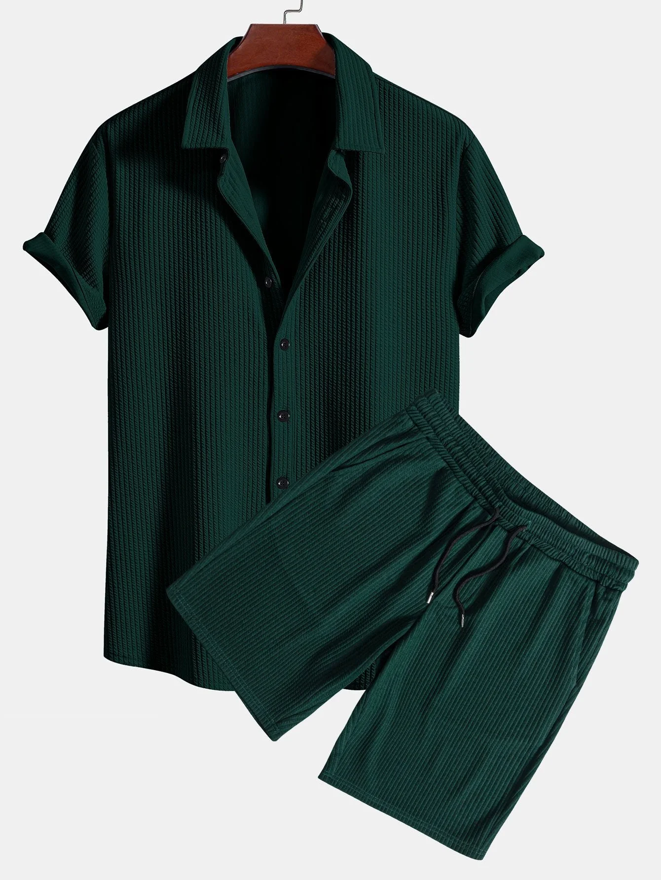 Doug® | Muscle Fit Ribbed Button Up Shirt & Shorts - Image 2