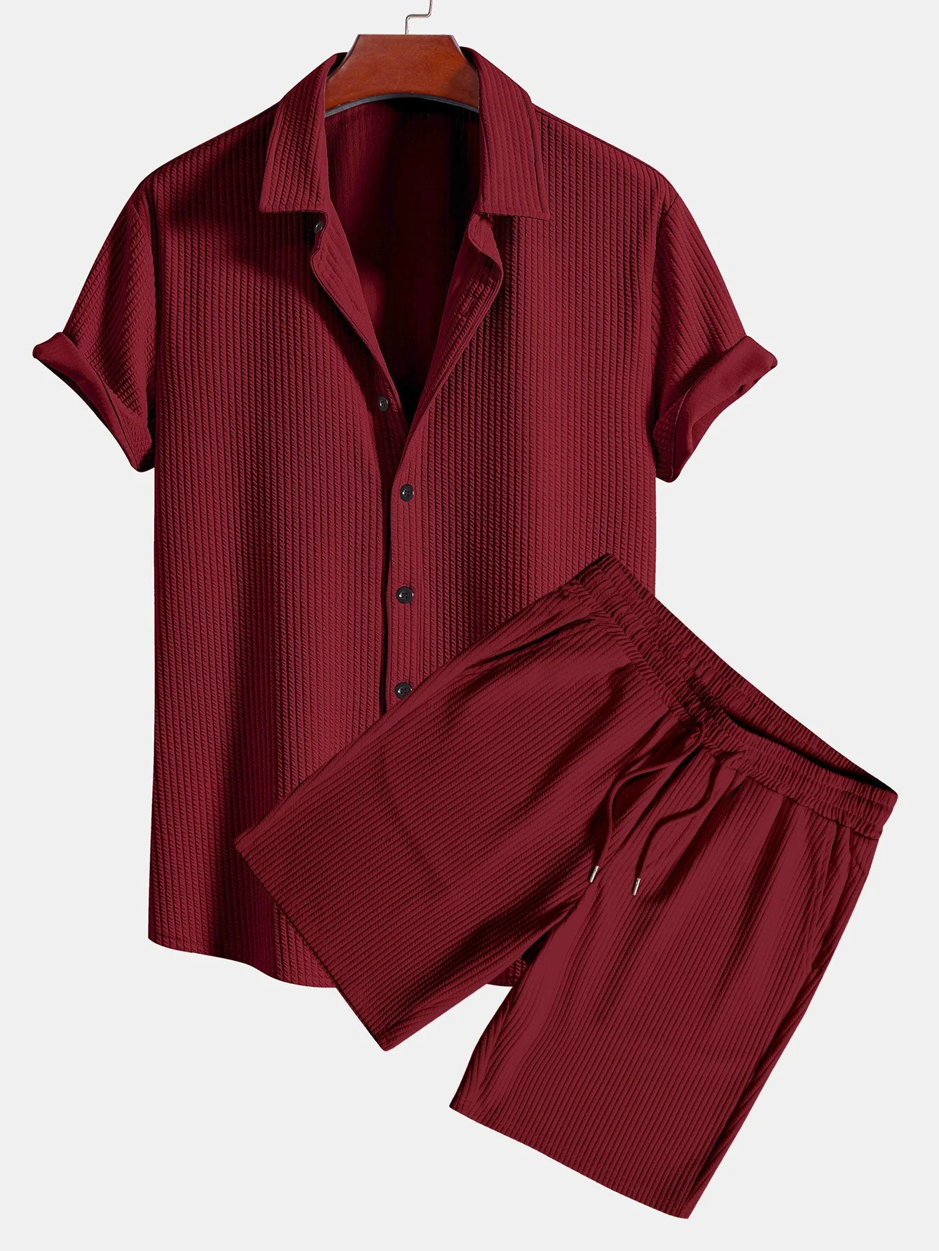 Doug® | Muscle Fit Ribbed Button Up Shirt & Shorts - Image 7
