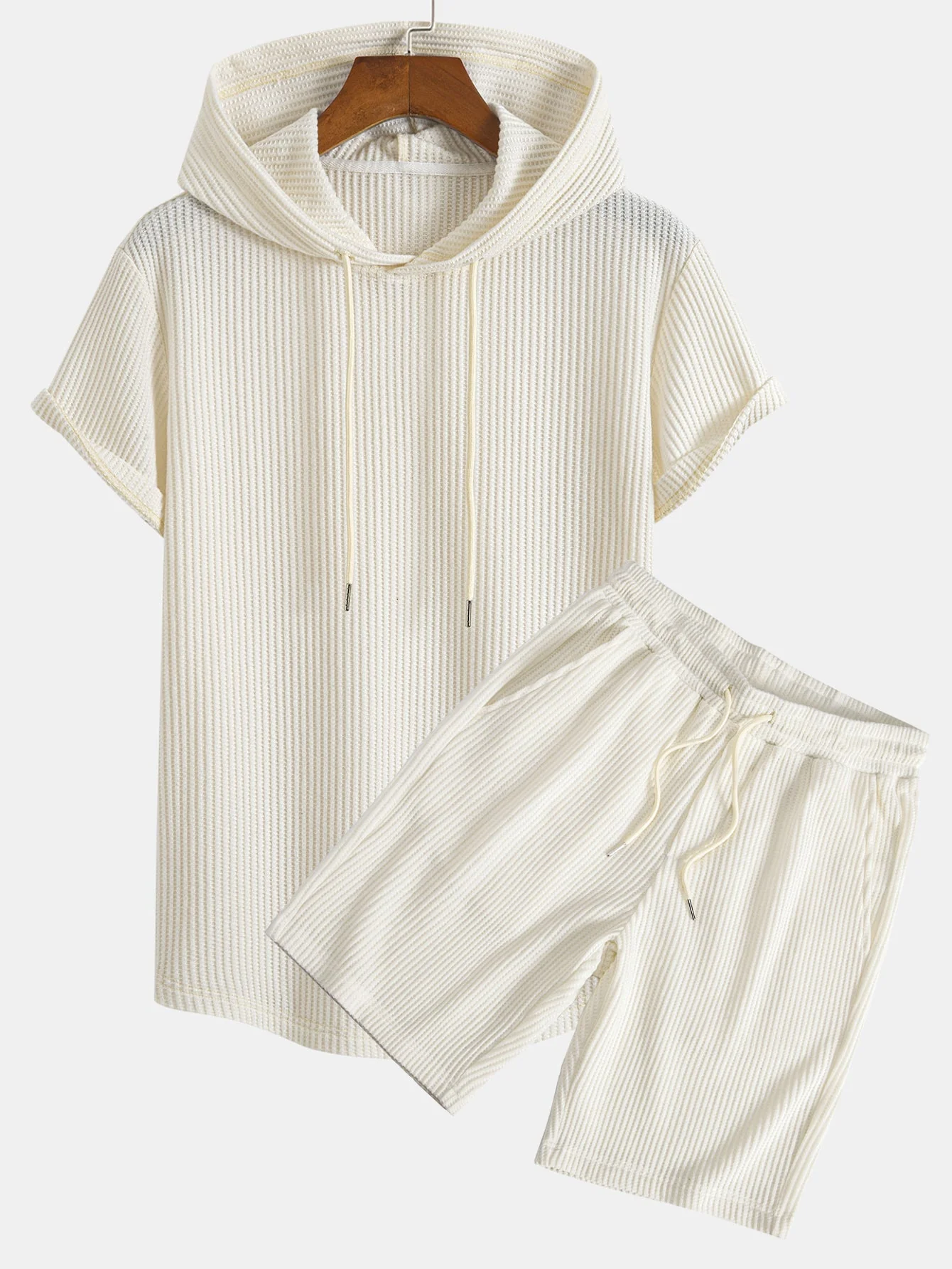 Earl® | Knitted Waffle Arc Hem Hooded T-Shirt & Drawstring Waffle Shorts - Image 4