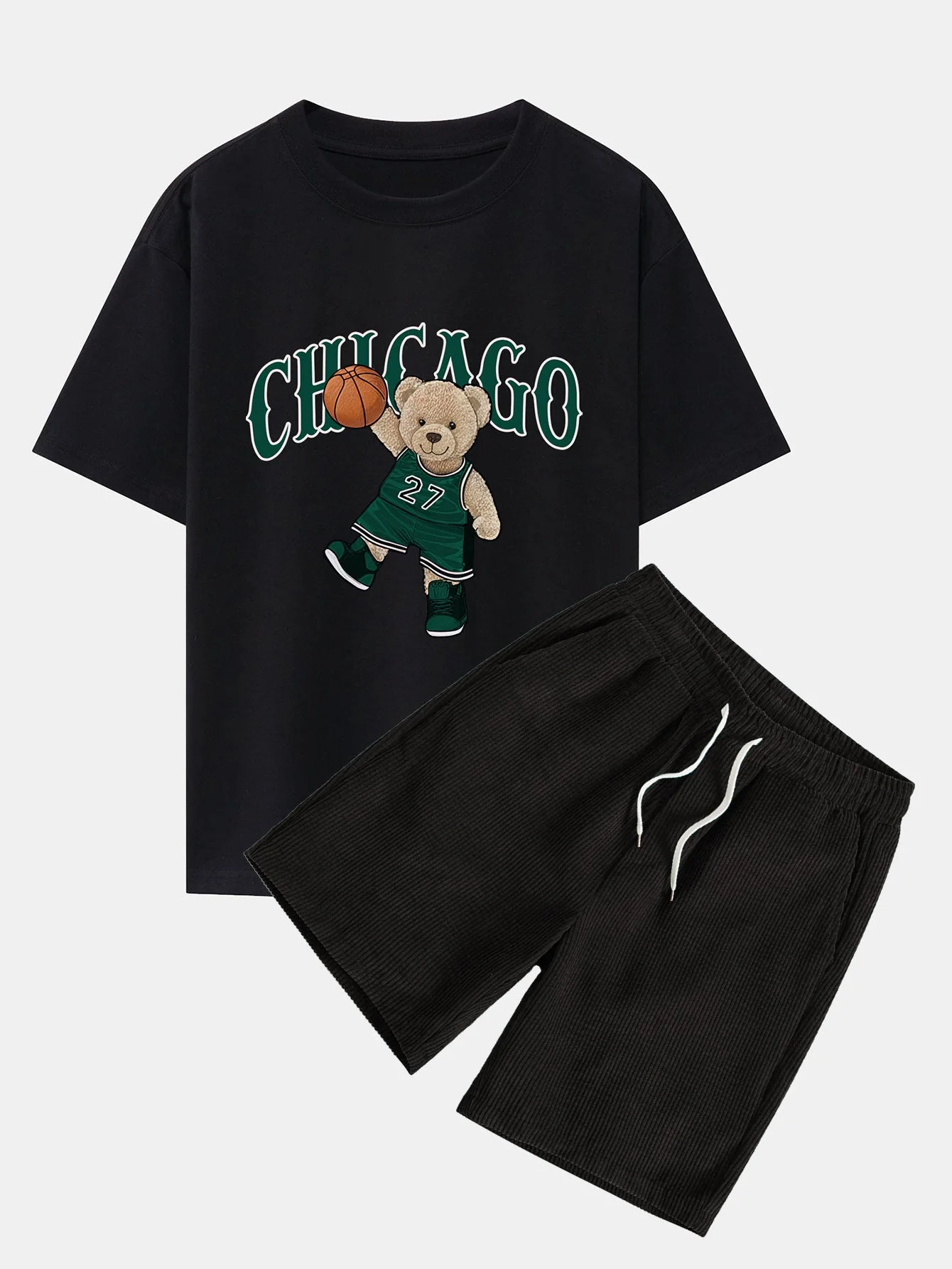 Erasto® | Chicago Basketball Bear Print Drop Shoulder Oversize T-Shirt & Drawstring Corduroy Shorts - Image 2