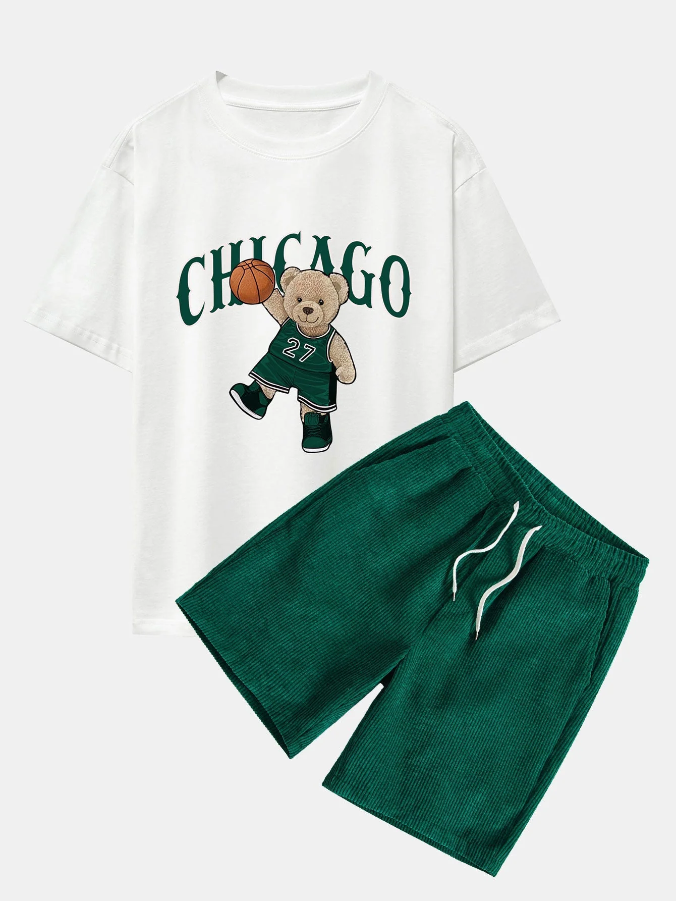 Erasto® | Chicago Basketball Bear Print Drop Shoulder Oversize T-Shirt & Drawstring Corduroy Shorts - Image 3