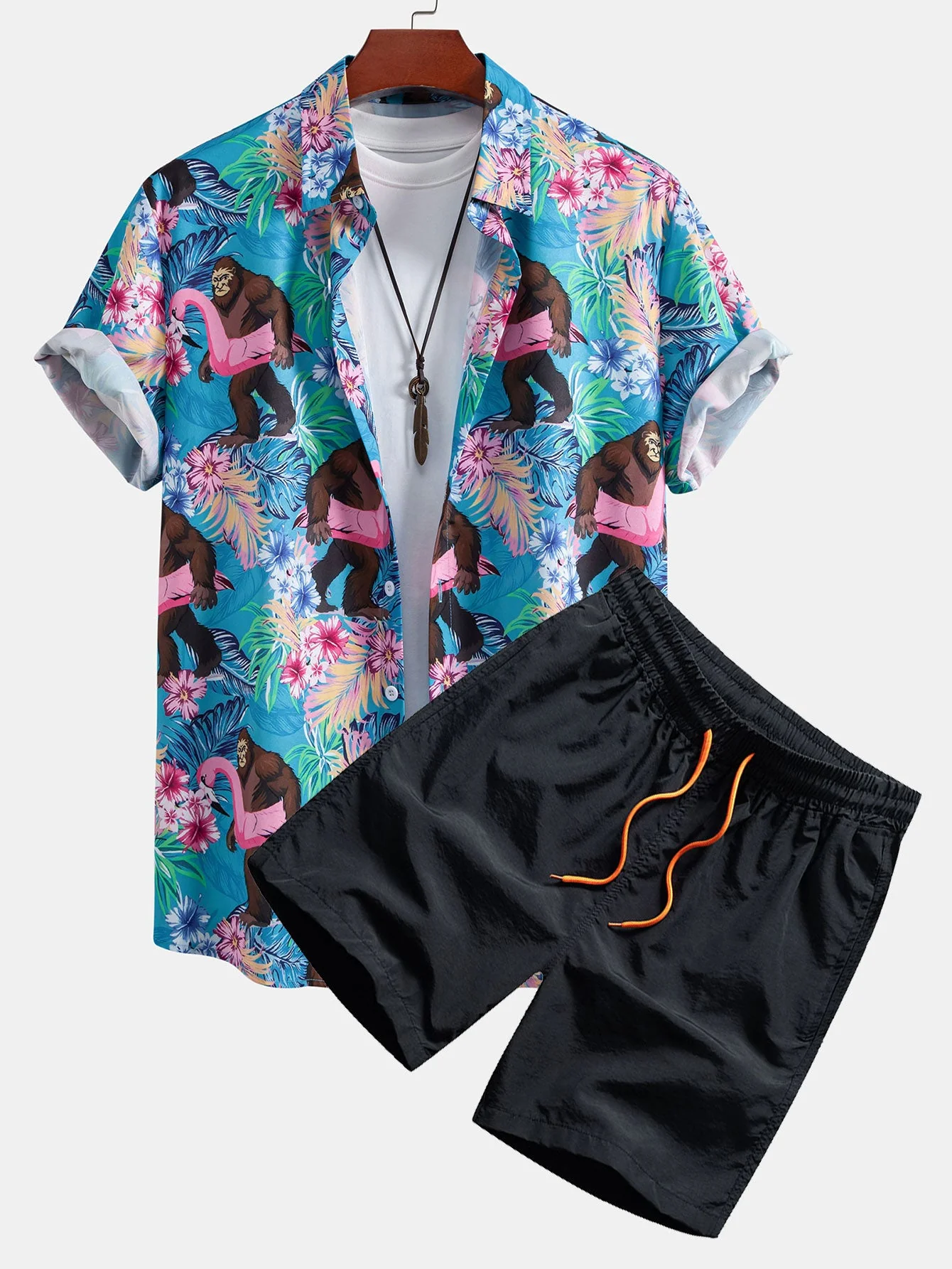 Fabian® | Tropical Plants And Orangutan Print Button Up Shirt & Swim Shorts - Image 4
