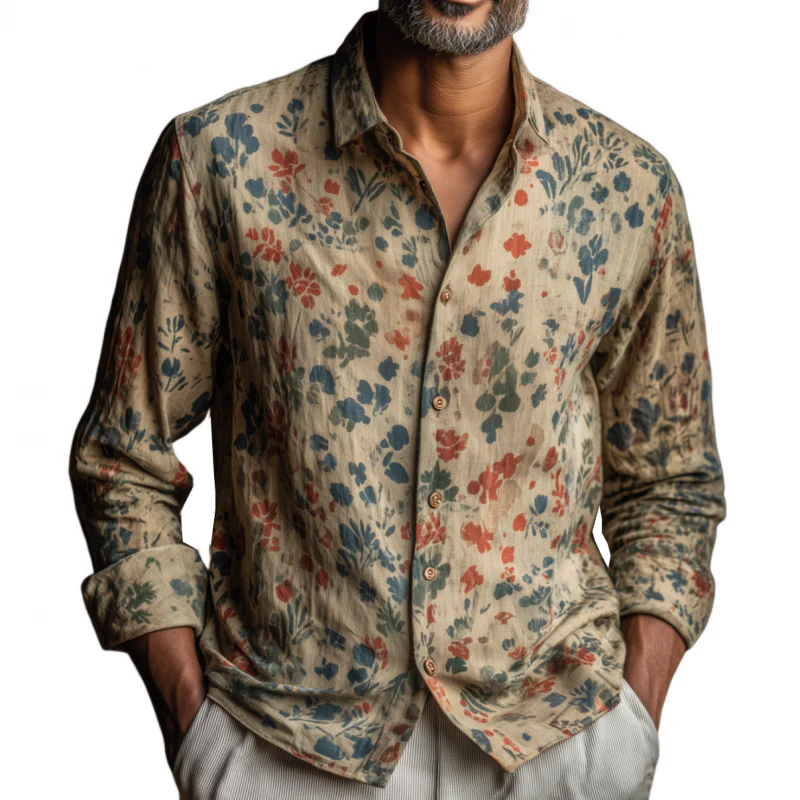 Forrest | Men'S Vintage Distressed Floral Print Lapel Slim Fit Long Sleeve Shirt