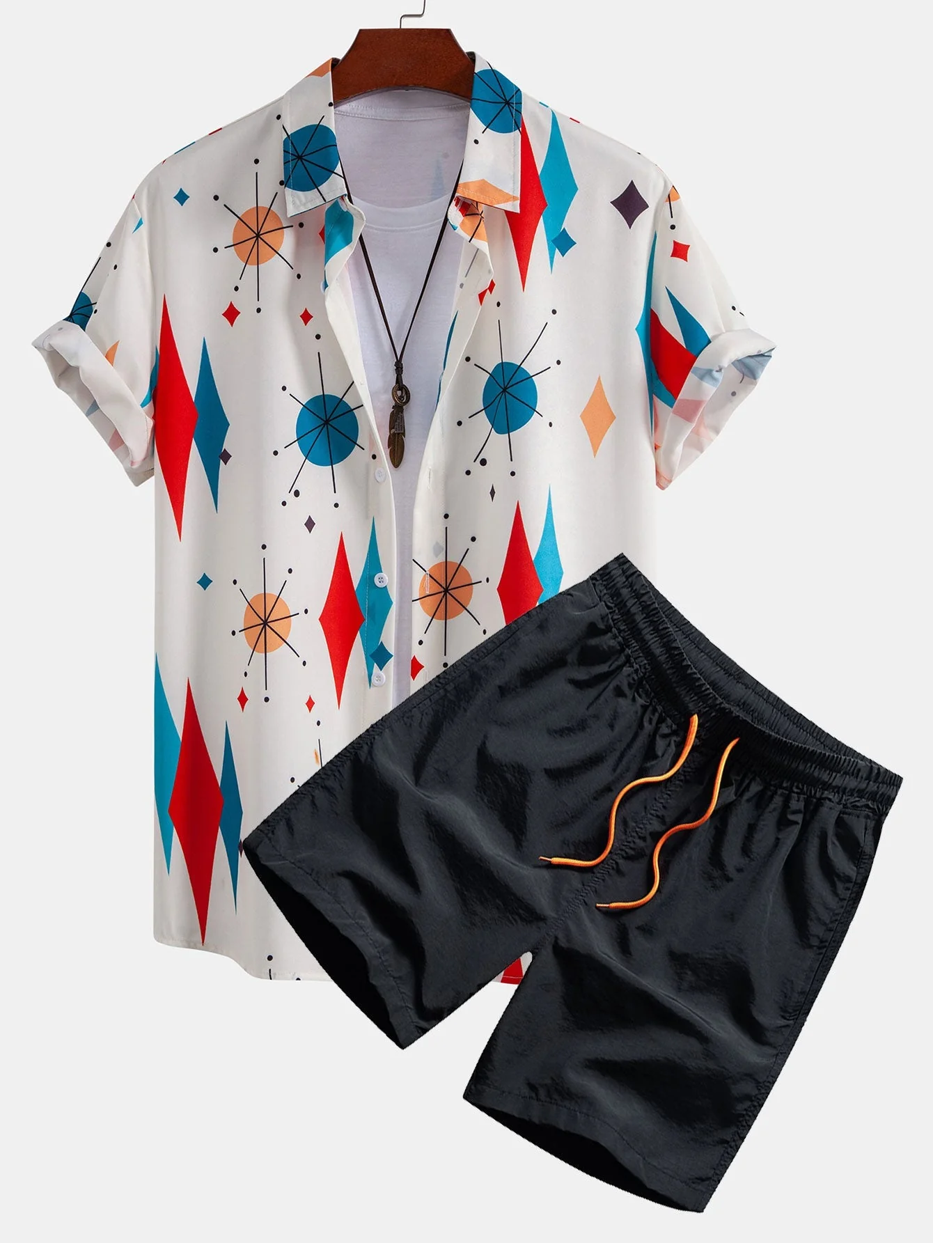 Gamaliel® | Atomic Geometric Print Button Up Shirt & Swim Shorts