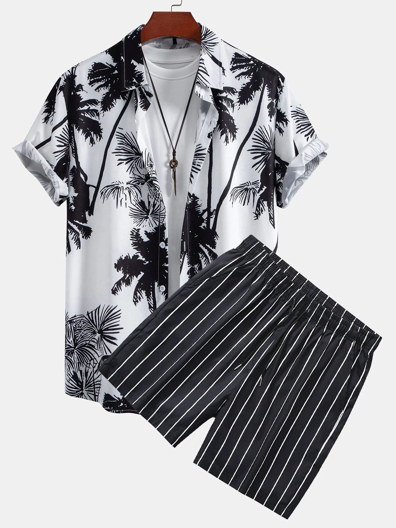Genaro® | Palm Trees Print Button Up Shirt & Striped Swim Shorts