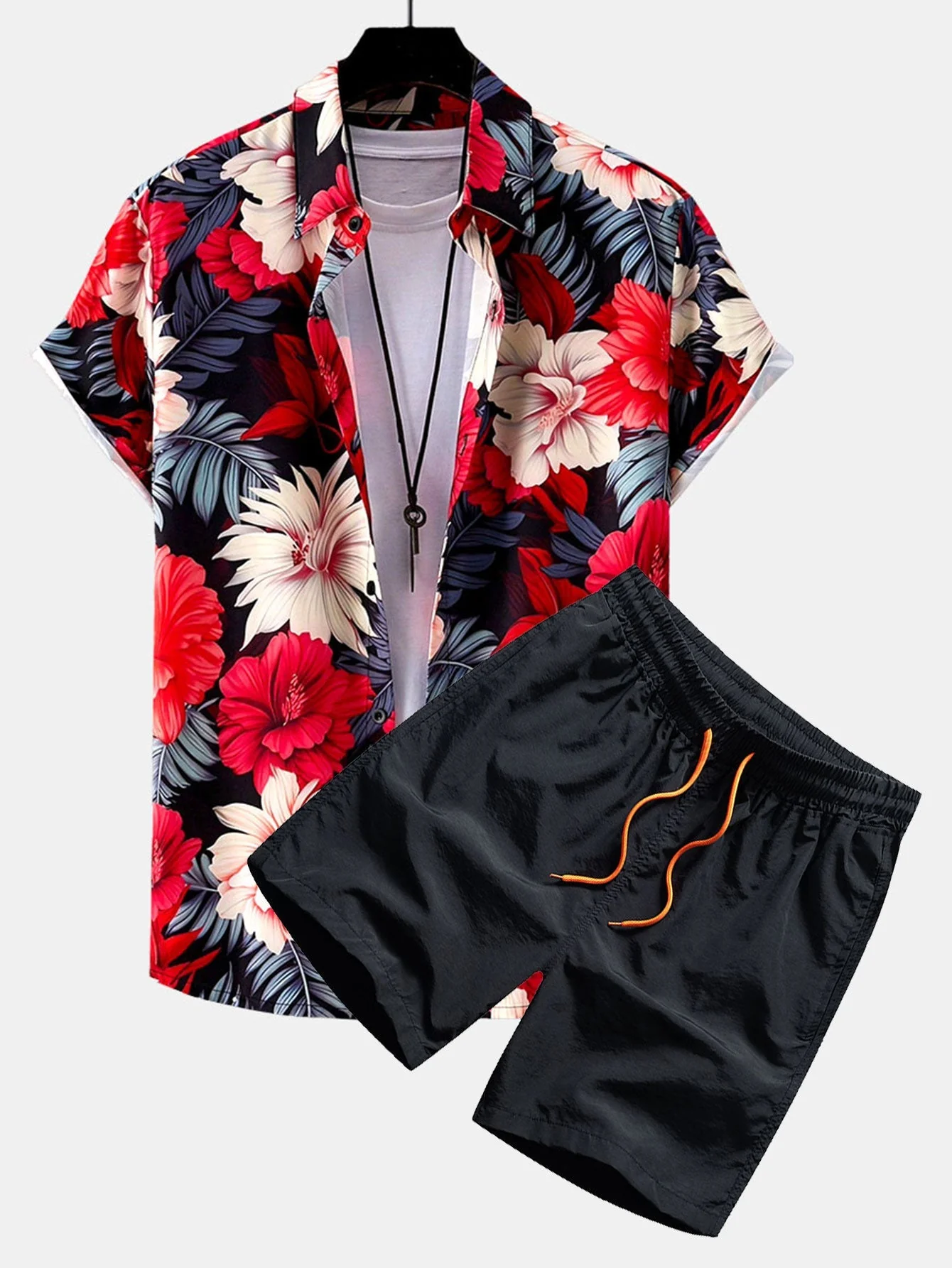 Higinio® | Tropical Flowers Print Button Up Shirt & Swim Shorts