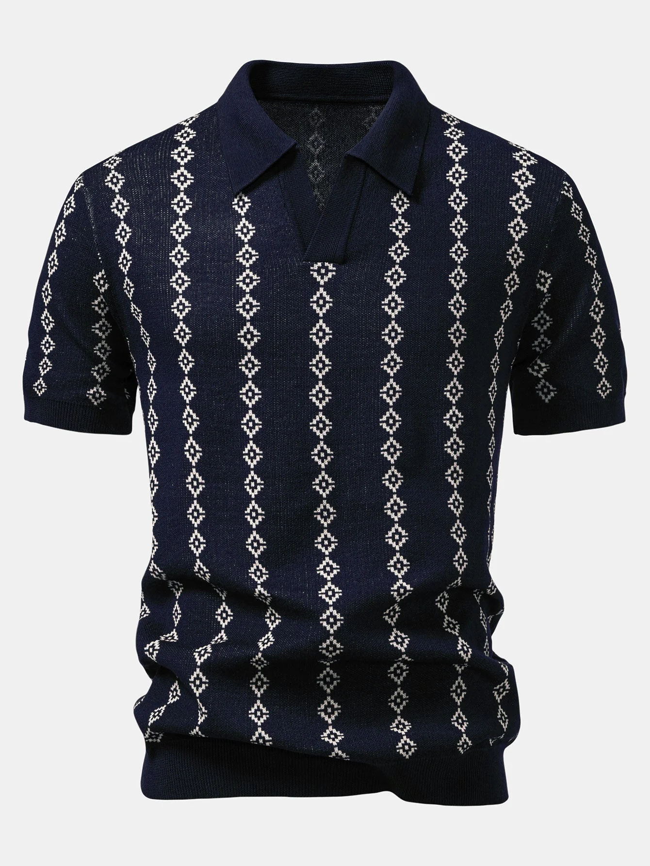 hola Geometric Knit V-Neck Polo Shirt - Image 2