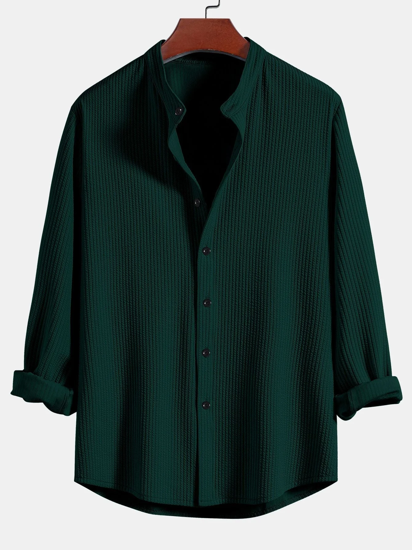 Horace® | Muscle Fit Ribbed Long Sleeved Shirt With Mandarin Collar - Image 3
