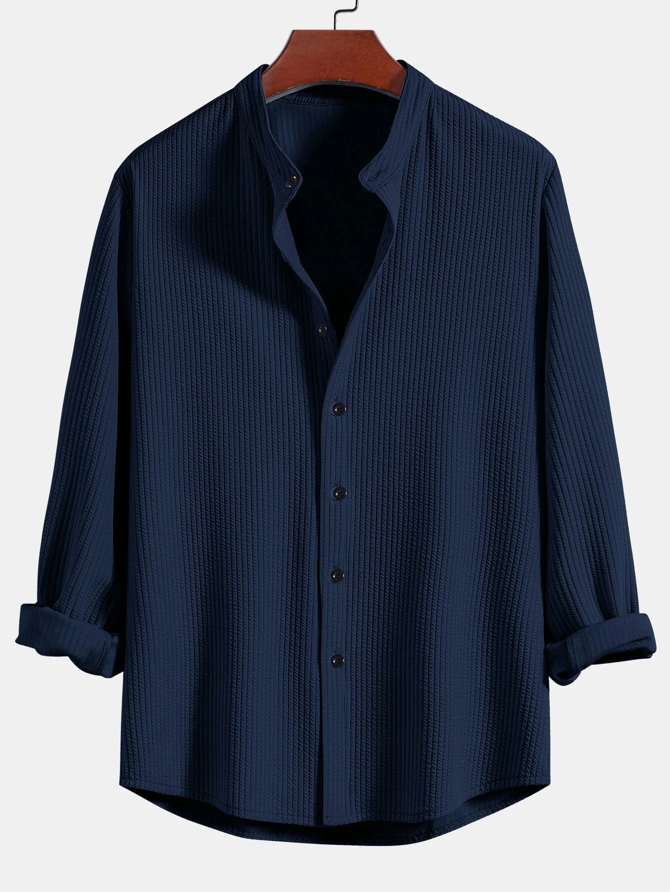 Horace® | Muscle Fit Ribbed Long Sleeved Shirt With Mandarin Collar - Image 9